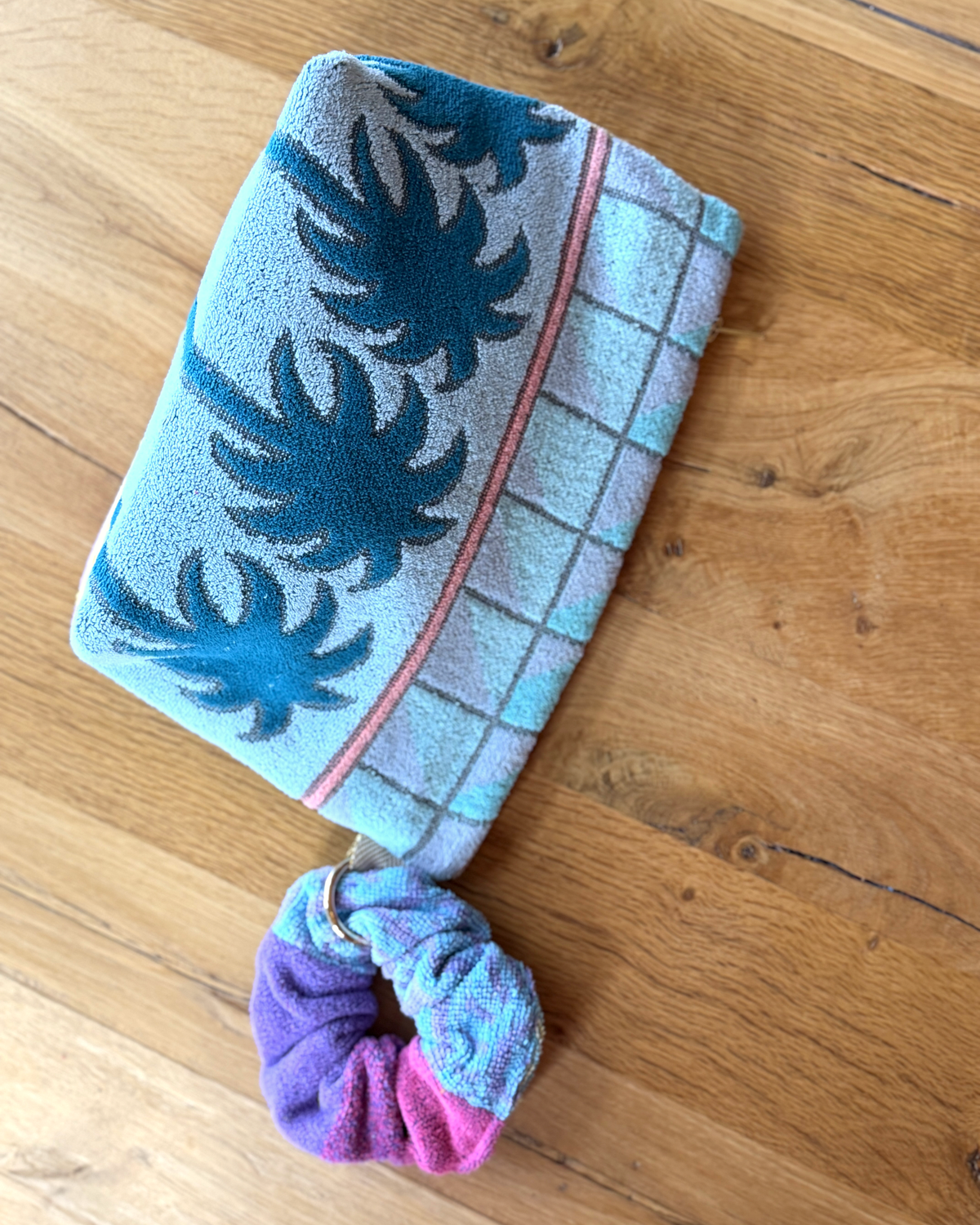 Repurposed Towel Beach Clutch “Coastal Horizon” — handmade by Kspek from upcycled vintage textiles, view 5
