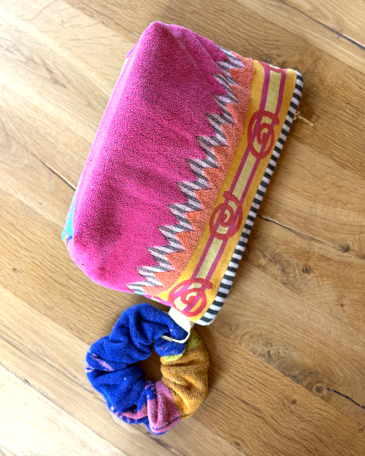 Repurposed Towel Beach Clutch “Sundown Patterns” — handmade by Kspek from upcycled vintage textiles, view 6