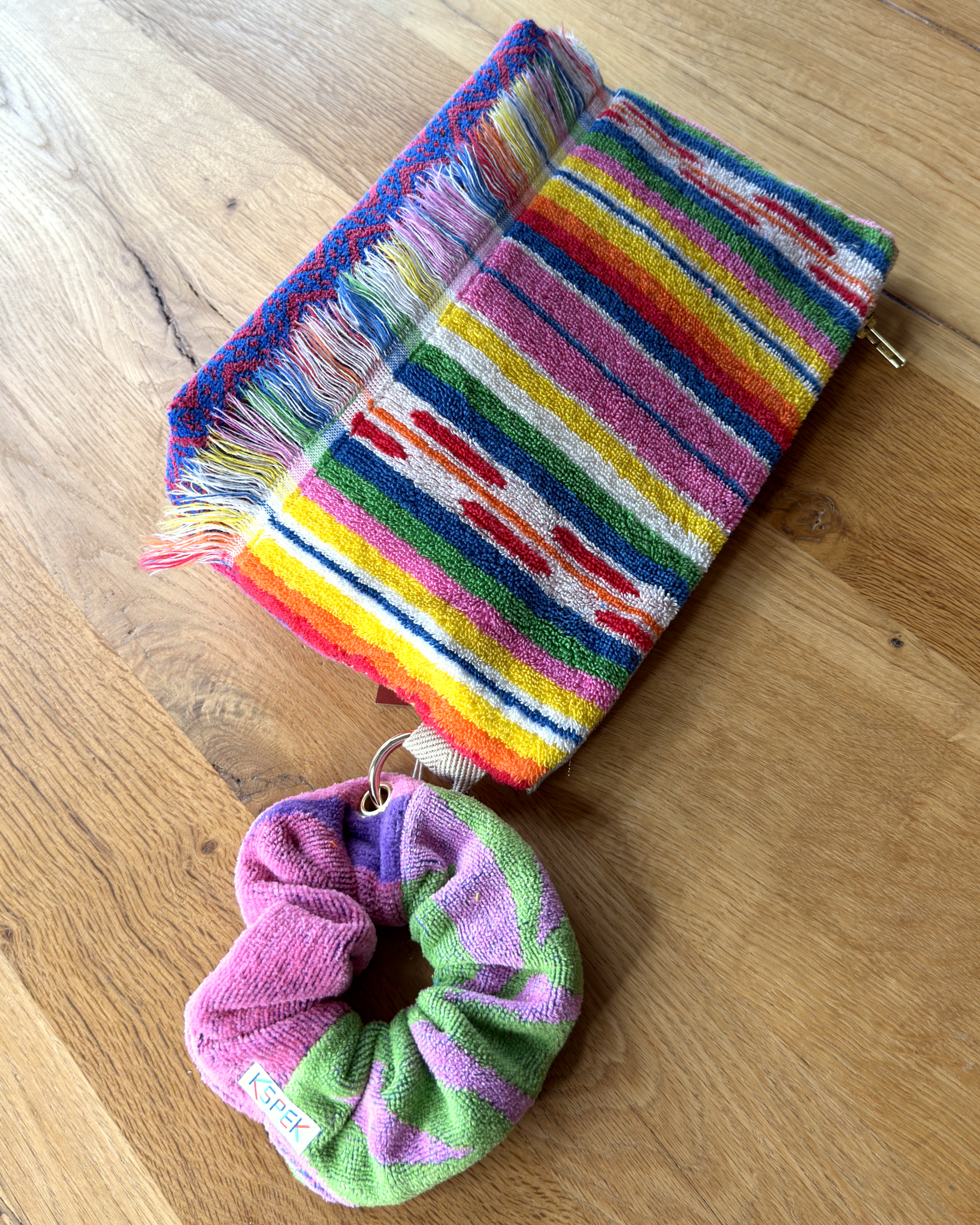Repurposed Towel Beach Clutch “Fringe Benefits” — handmade by Kspek from upcycled vintage textiles, view 6