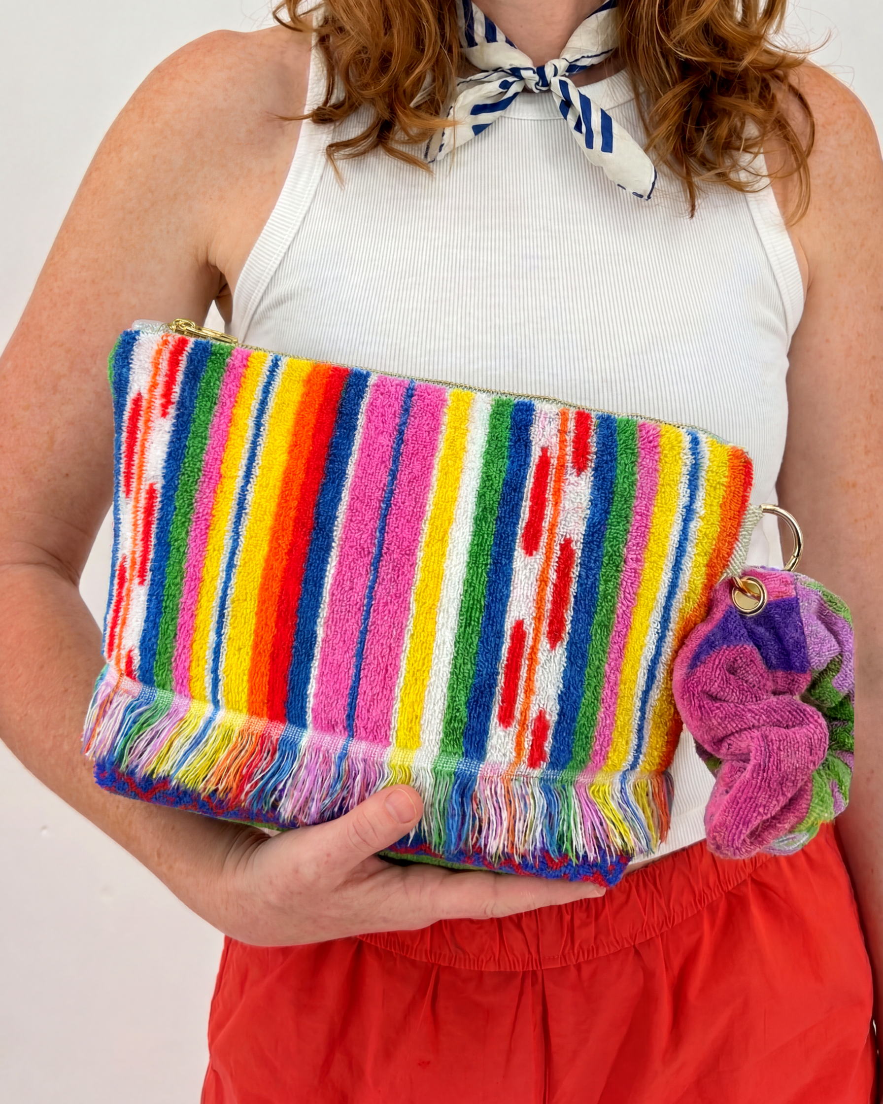 Repurposed Towel Beach Clutch “Fringe Benefits” — handmade by Kspek from upcycled vintage textiles, view 2