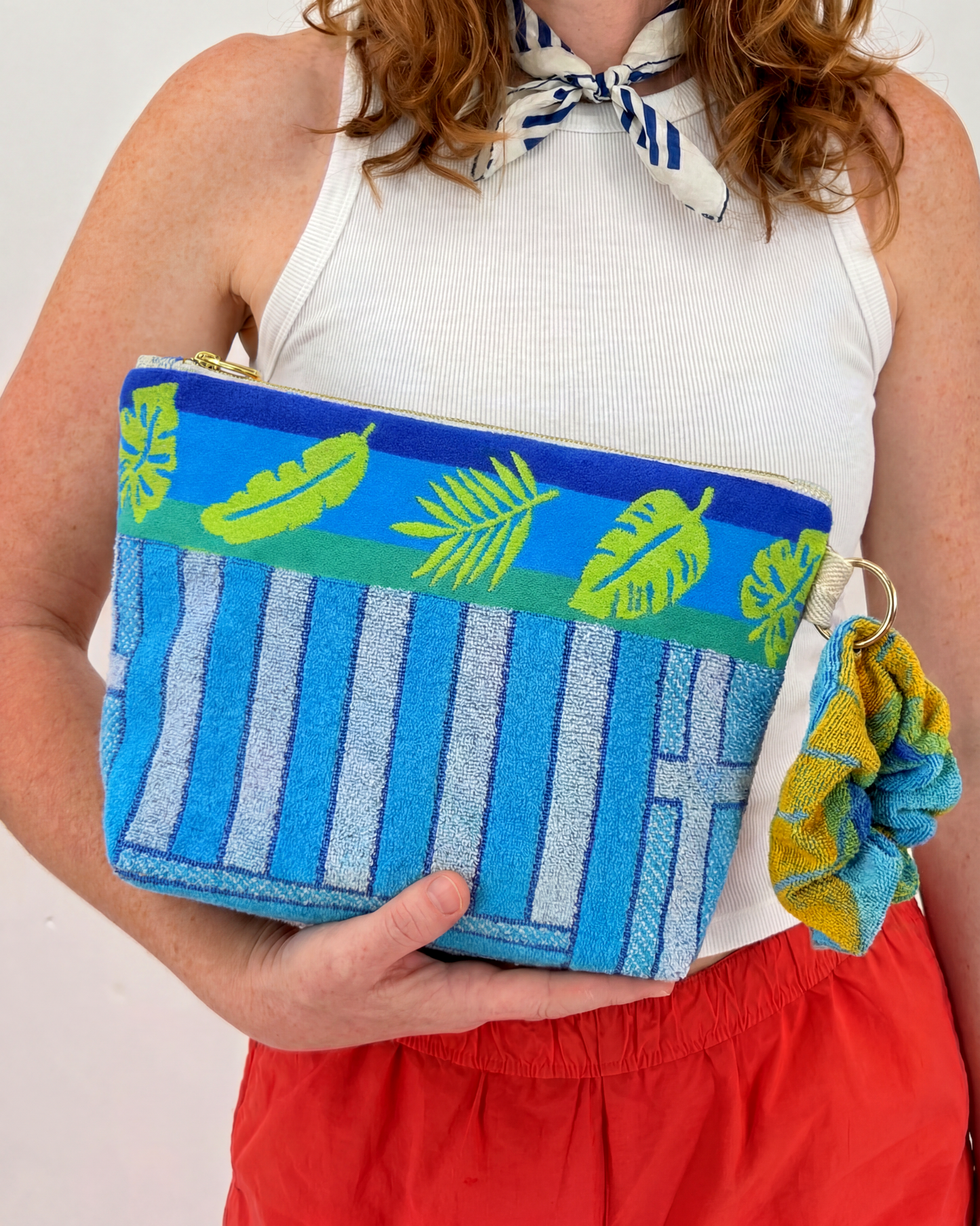Repurposed Towel Beach Clutch “Fish and Frond” — handmade by Kspek from upcycled vintage textiles, view 2