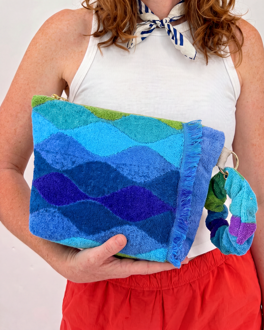 Repurposed Towel Beach Clutch “Waves and Vibes” — handmade by Kspek from upcycled vintage textiles, view 2
