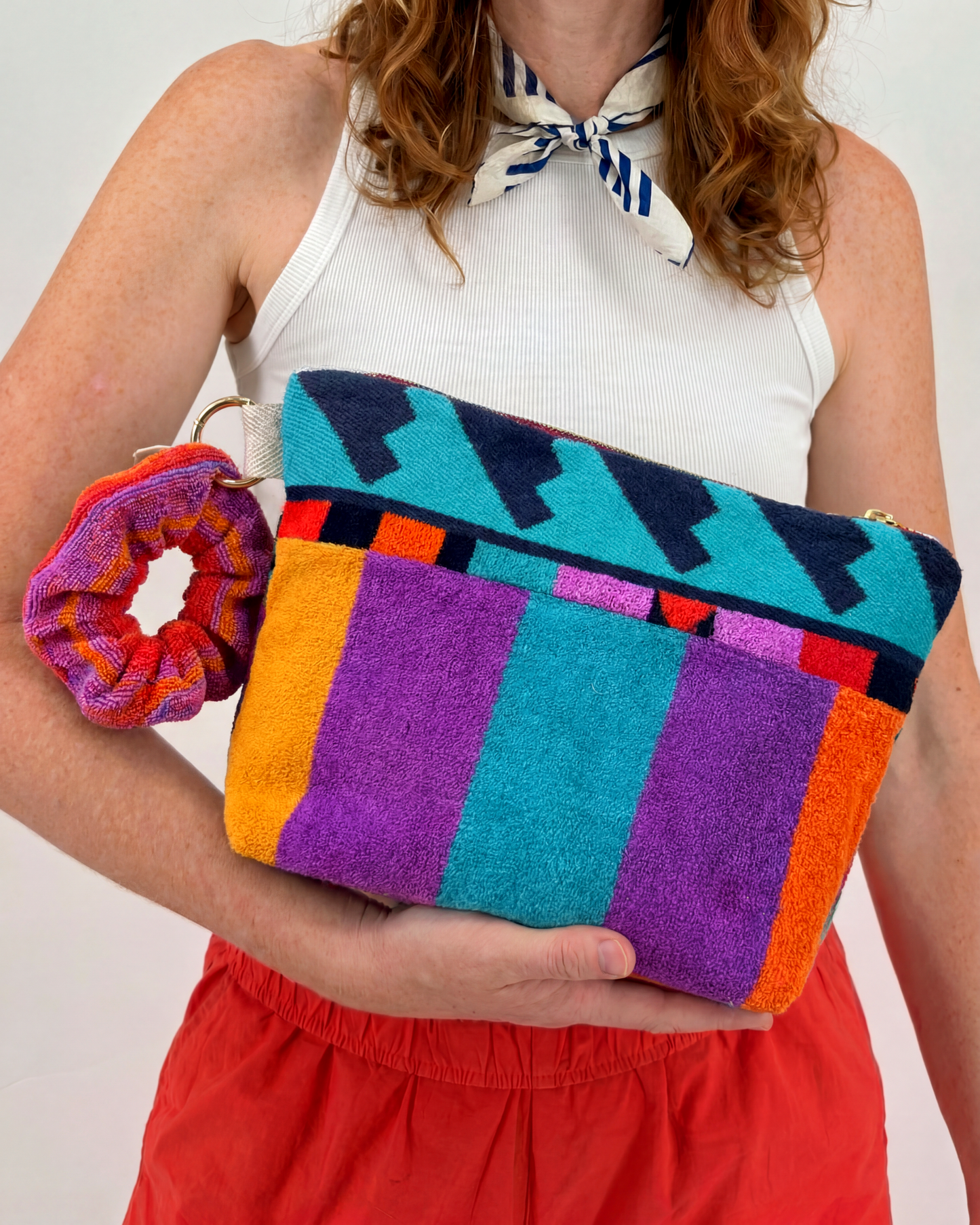 Repurposed Towel Beach Clutch “Tropical Mosaic” — handmade by Kspek from upcycled vintage textiles