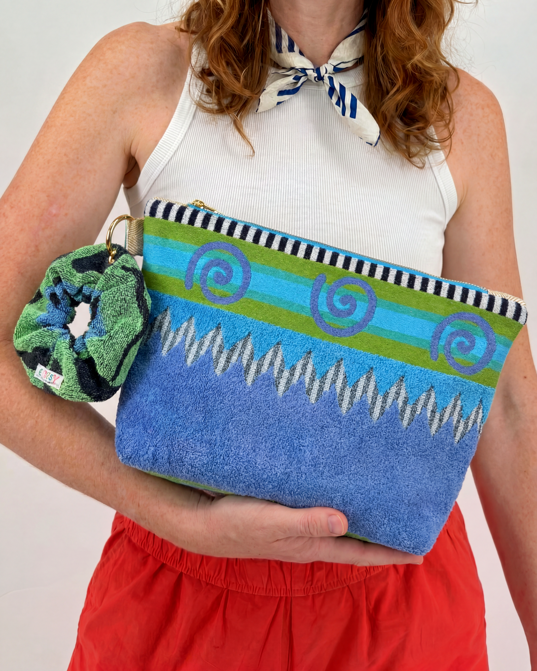 Repurposed Towel Beach Clutch “Splash 2” — handmade by Kspek from upcycled vintage textiles