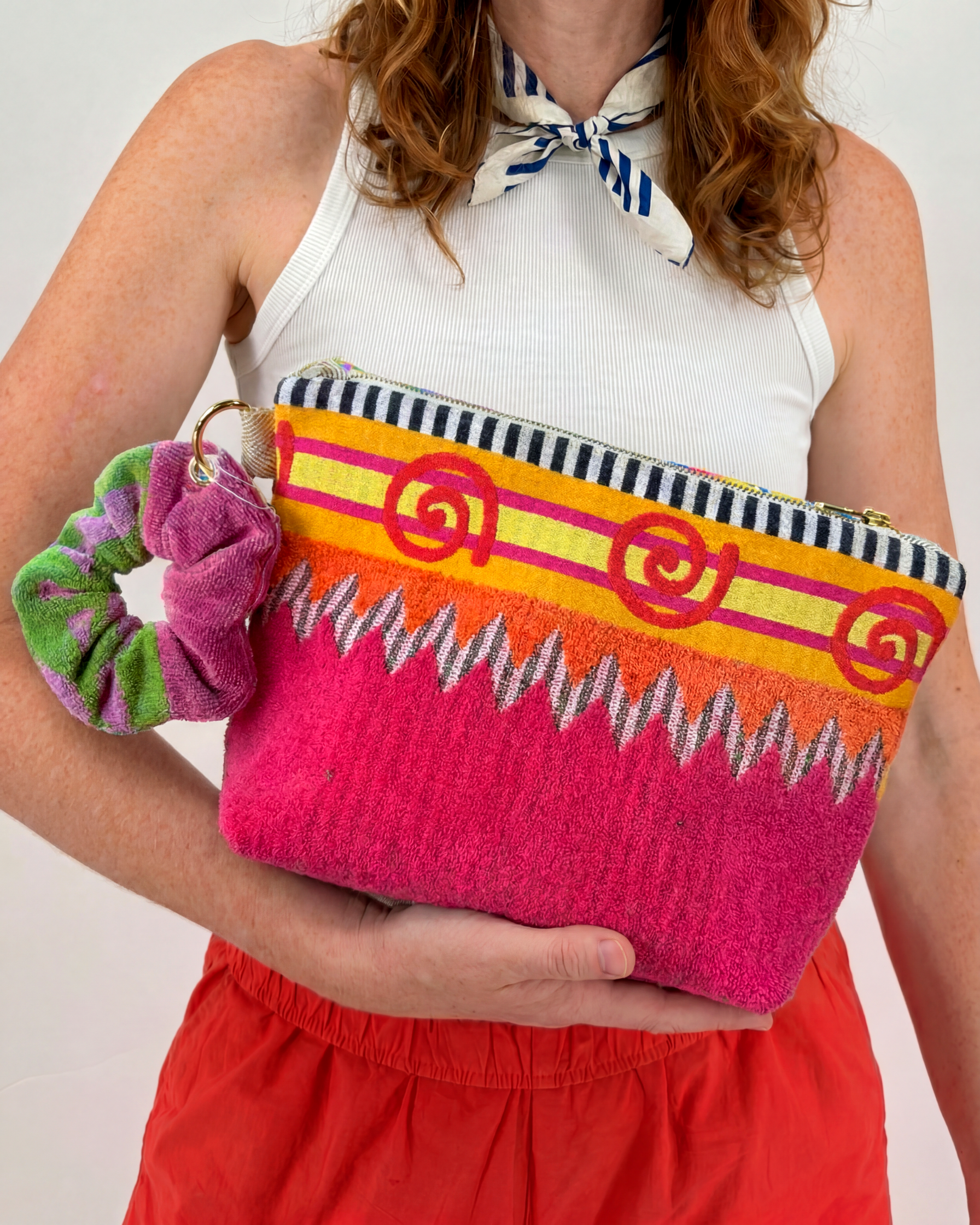 Repurposed Towel Beach Clutch “Fringe Benefits” — handmade by Kspek from upcycled vintage textiles