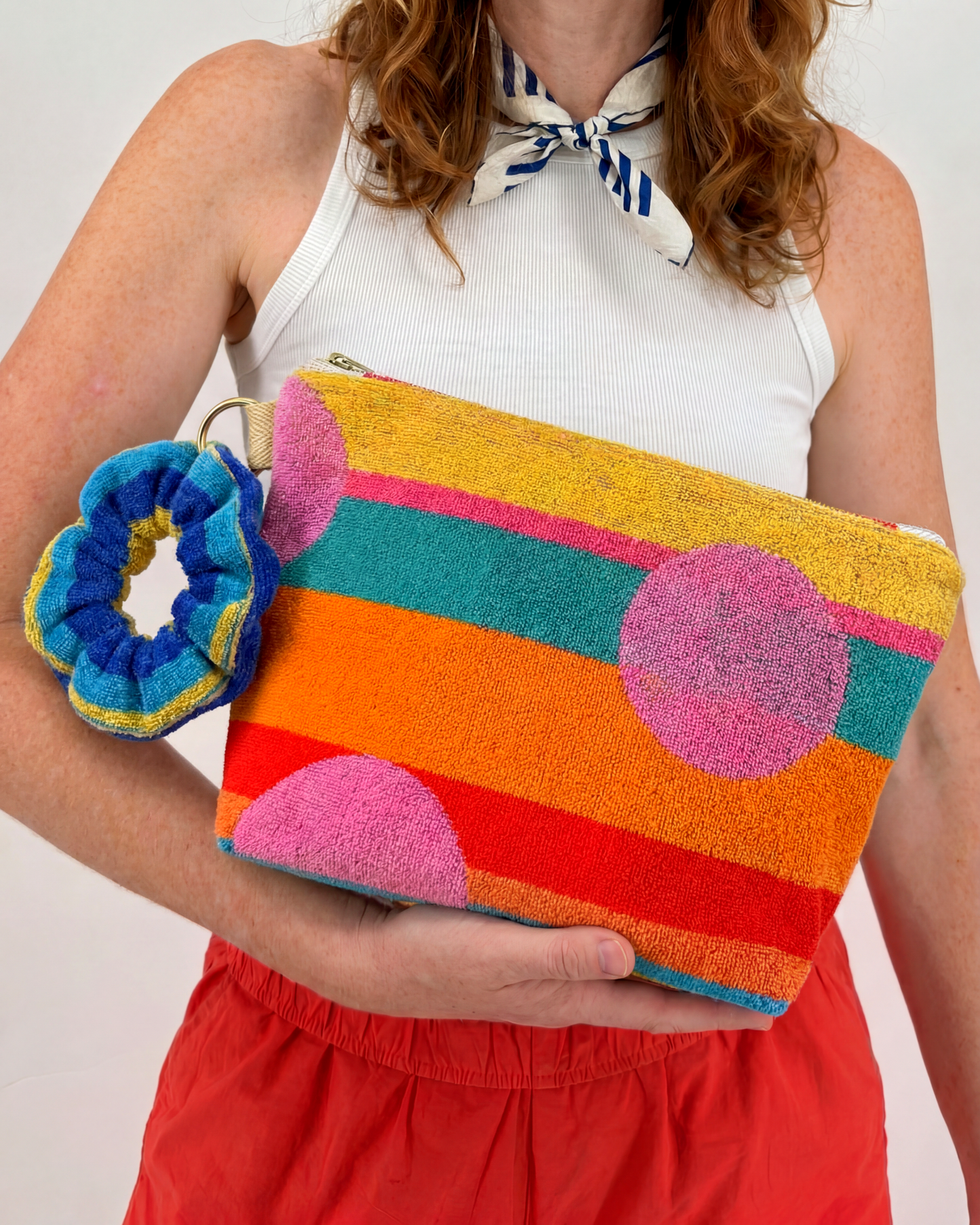 Repurposed Towel Beach Clutch “Sunset Splash” — handmade by Kspek from upcycled vintage textiles