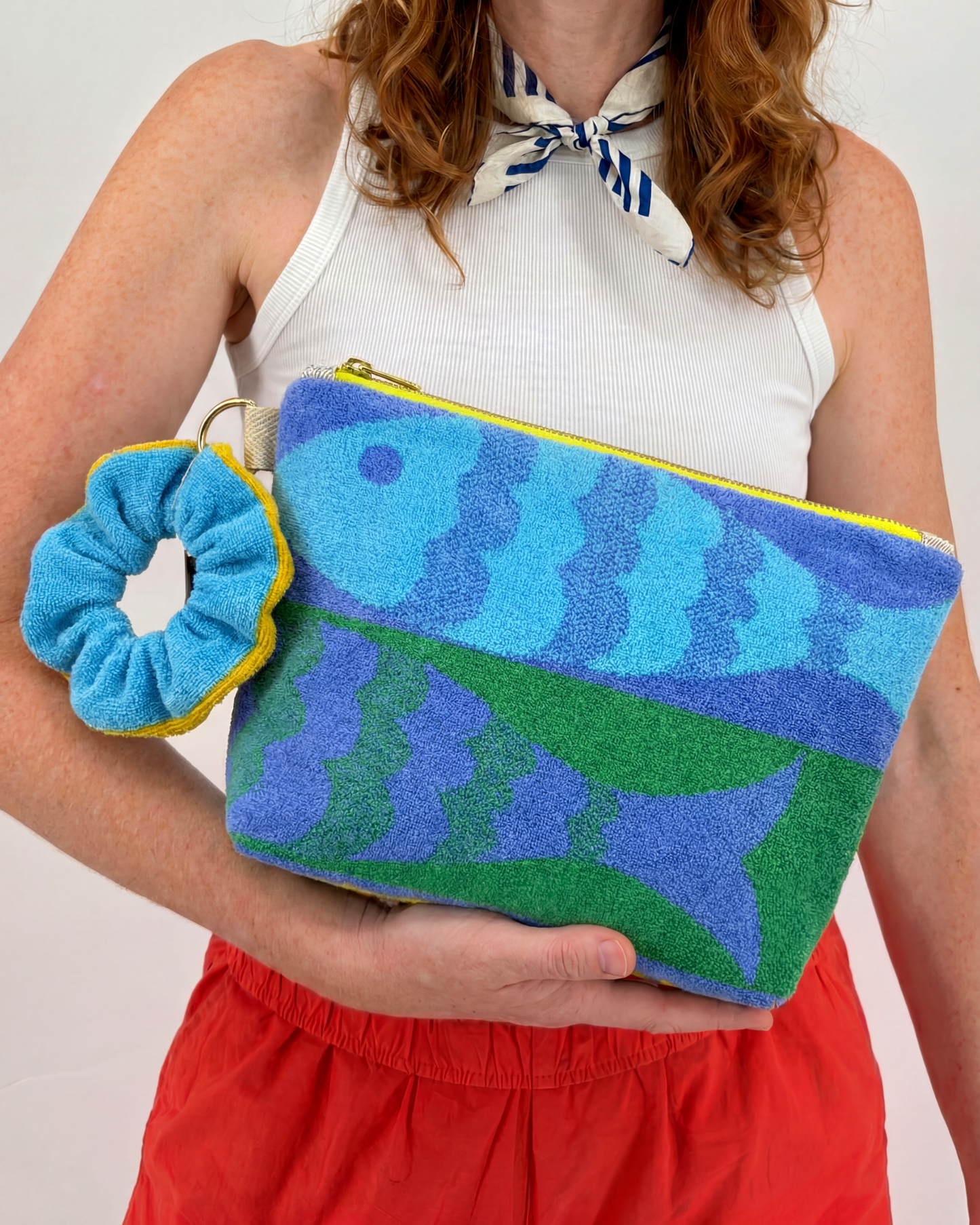 Repurposed Towel Beach Clutch “Fish and Frond” — handmade by Kspek from upcycled vintage textiles