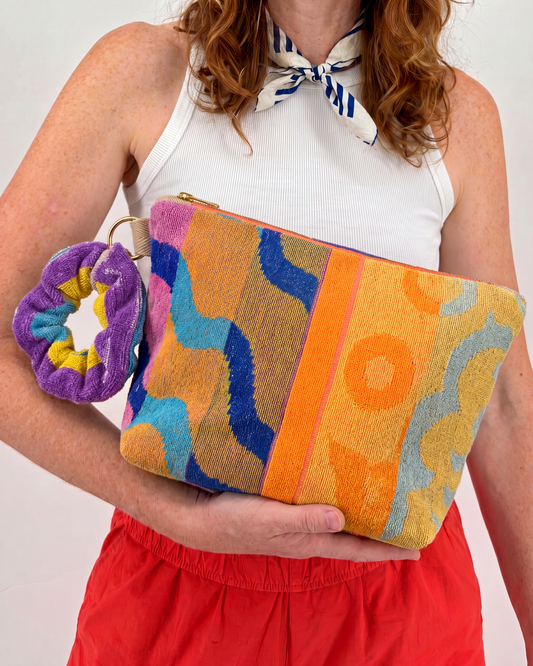 Repurposed Towel Beach Clutch “Tidal Dreamscape” — handmade by Kspek from upcycled vintage textiles