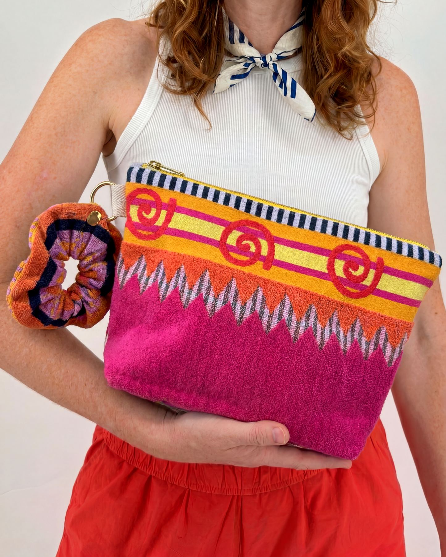 Repurposed Towel Beach Clutch “Coastal Dreamscape” — handmade by Kspek from upcycled vintage textiles