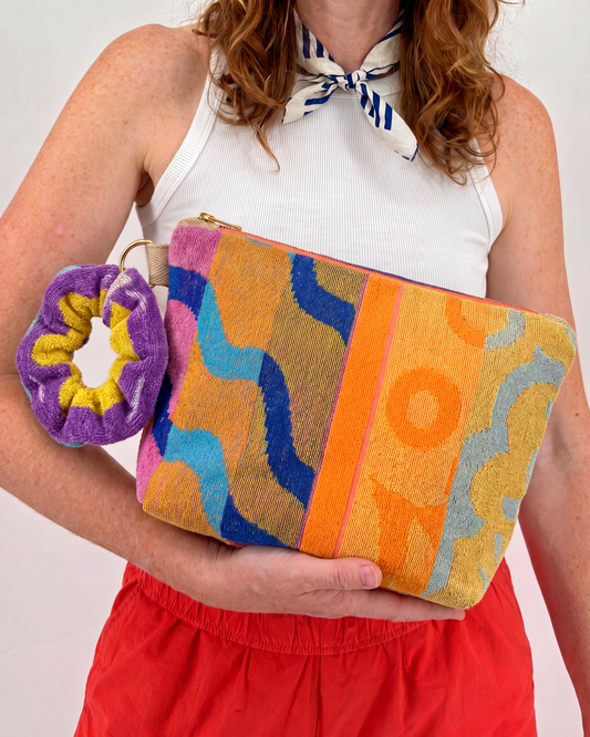 Repurposed Towel Beach Clutch “Breezy Waves” — handmade by Kspek from upcycled vintage textiles