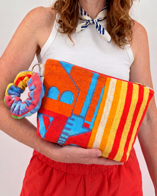 Repurposed Towel Beach Clutch “Beachfront Breeze” — handmade by Kspek from upcycled vintage textiles