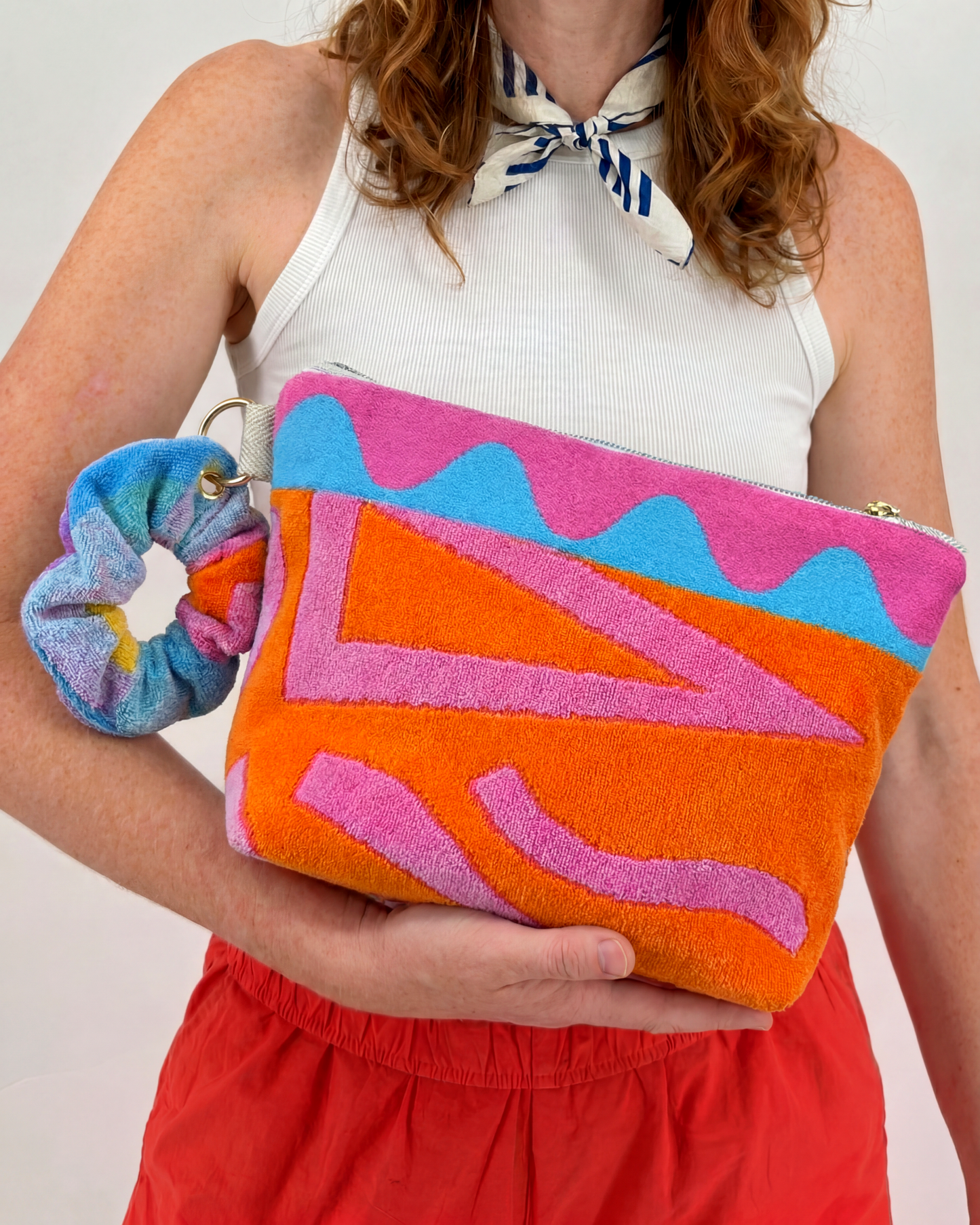 Repurposed Towel Beach Clutch “Sorbet Stroll” — handmade by Kspek from upcycled vintage textiles