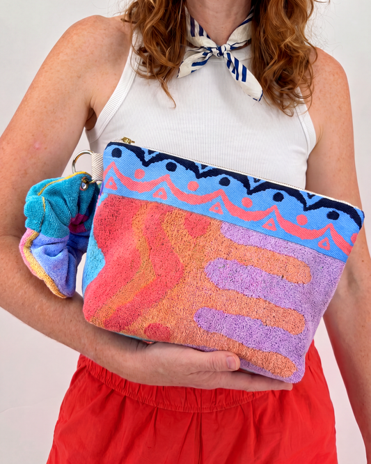 Repurposed Towel Beach Clutch “Desert Horizon” — handmade by Kspek from upcycled vintage textiles