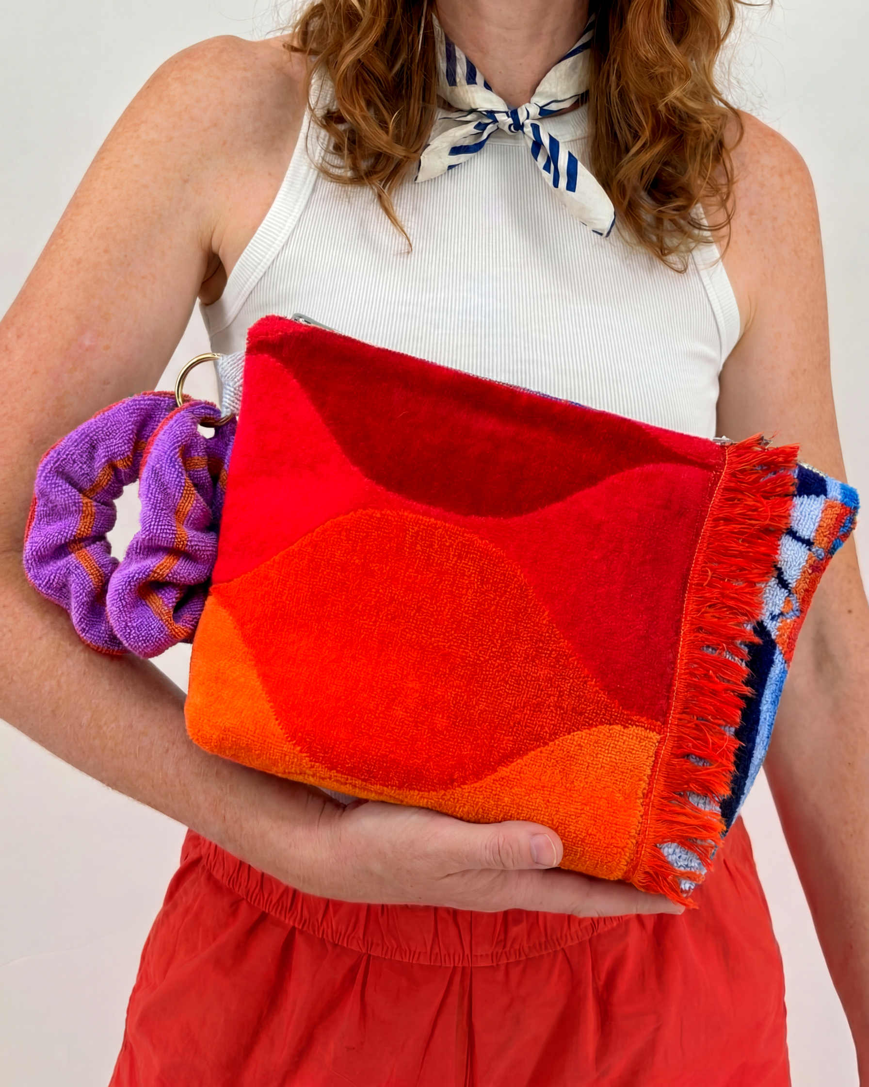 Repurposed Towel Beach Clutch “Tropical Sunset” — handmade by Kspek from upcycled vintage textiles