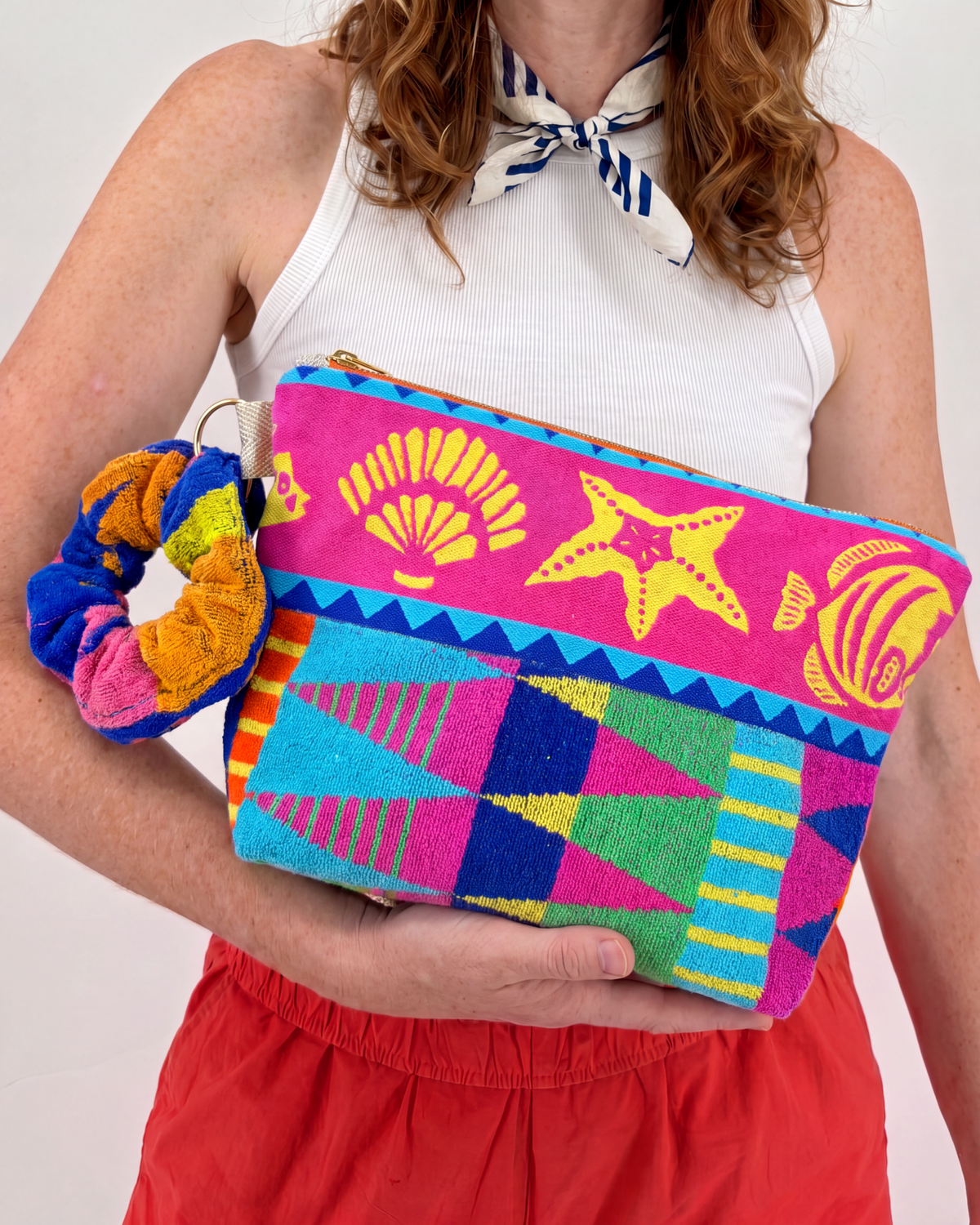 Repurposed Towel Beach Clutch “Sundown Patterns” — handmade by Kspek from upcycled vintage textiles