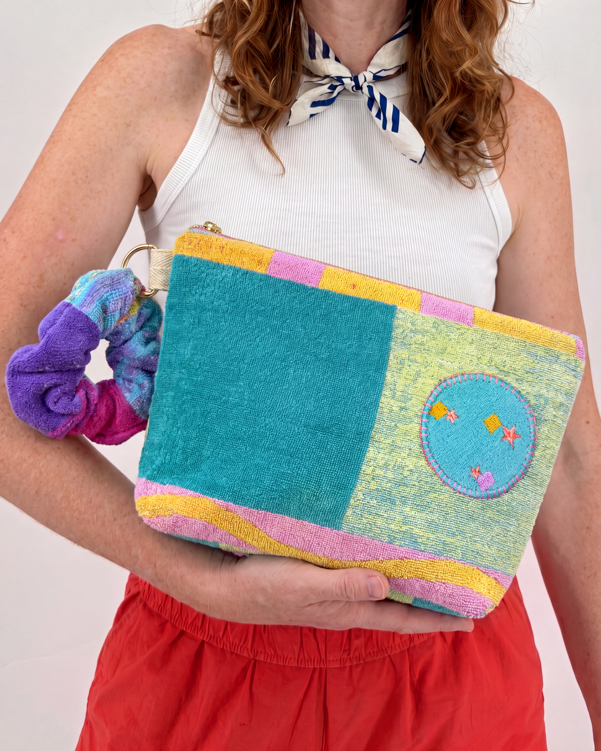 Repurposed Towel Beach Clutch “Coastal Horizon” — handmade by Kspek from upcycled vintage textiles