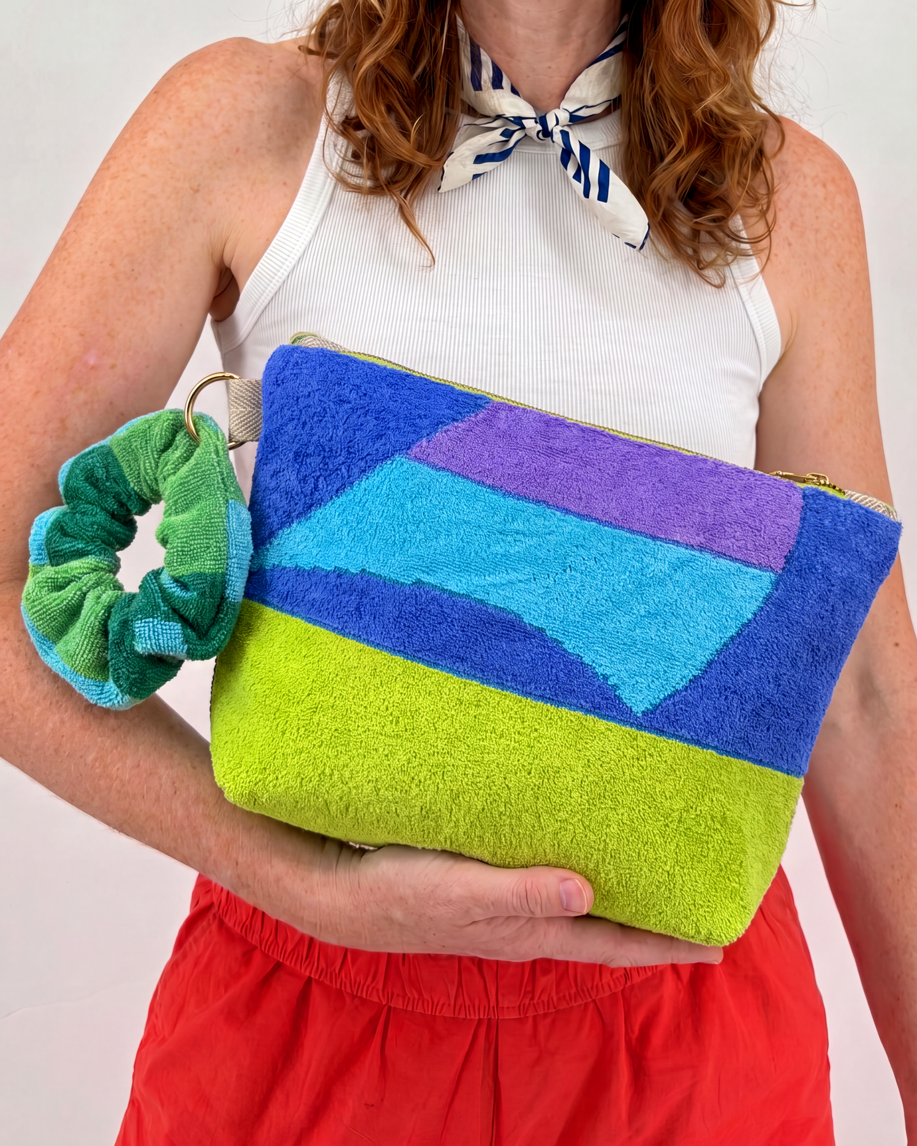 Repurposed Towel Beach Clutch “Waves and Vibes” — handmade by Kspek from upcycled vintage textiles