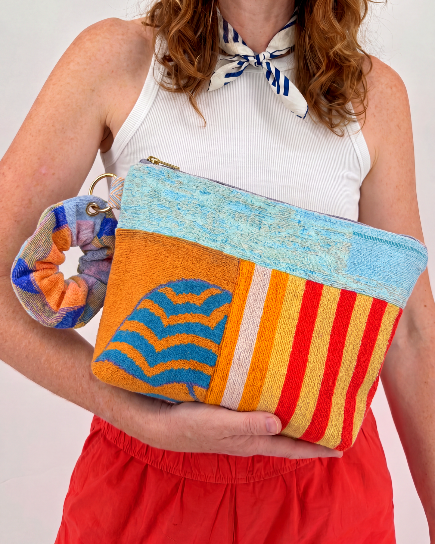 Repurposed Towel Beach Clutch “Surf Horizon” — handmade by Kspek from upcycled vintage textiles