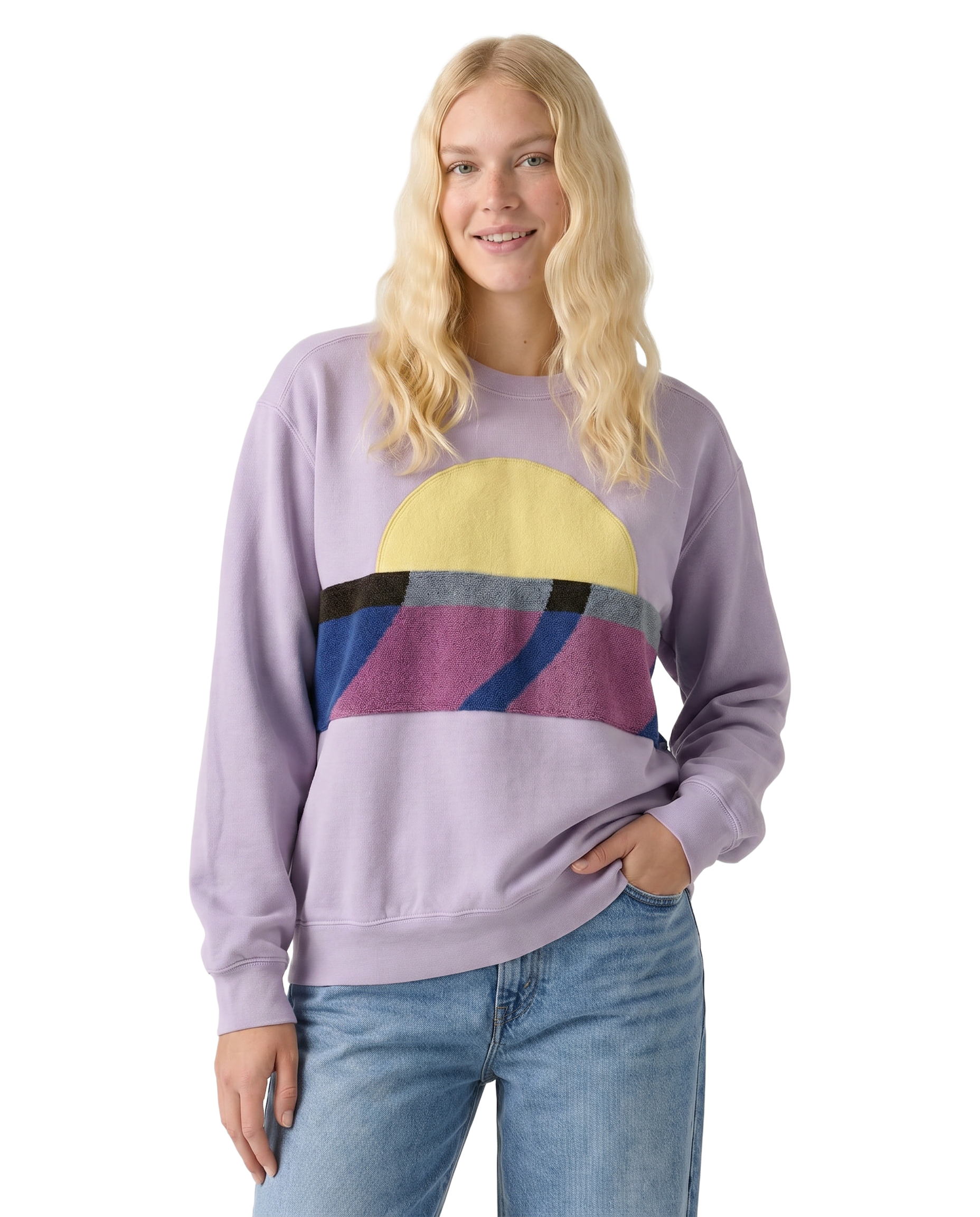 Medium Lavender Sunset Chaser "Pink Reflection" — one-of-a-kind upcycled vintage beach towel sweatshirt, handmade by Kspek