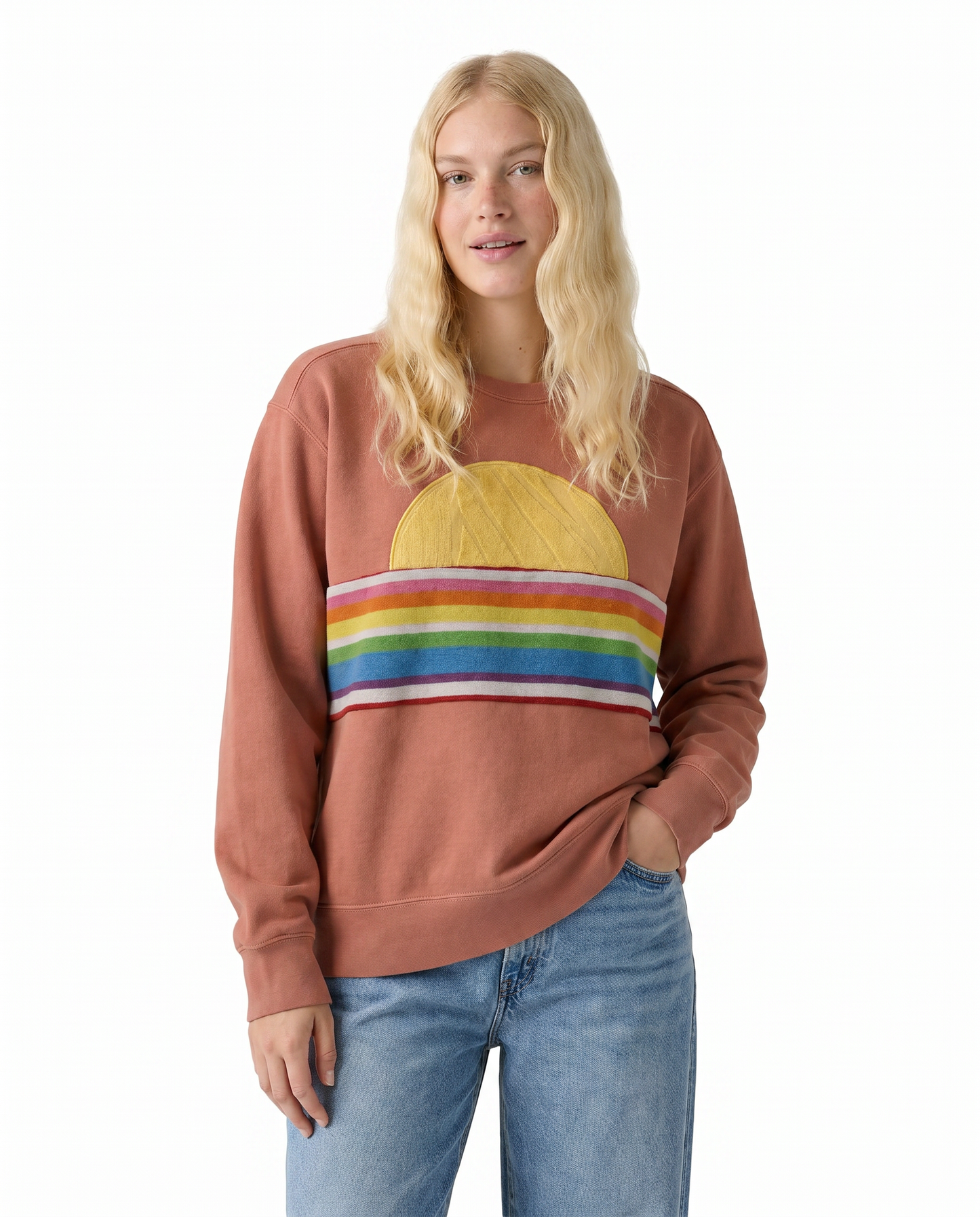 Medium Terracotta Sunset Chaser "Waves and Sun" — one-of-a-kind upcycled vintage beach towel sweatshirt, handmade by Kspek