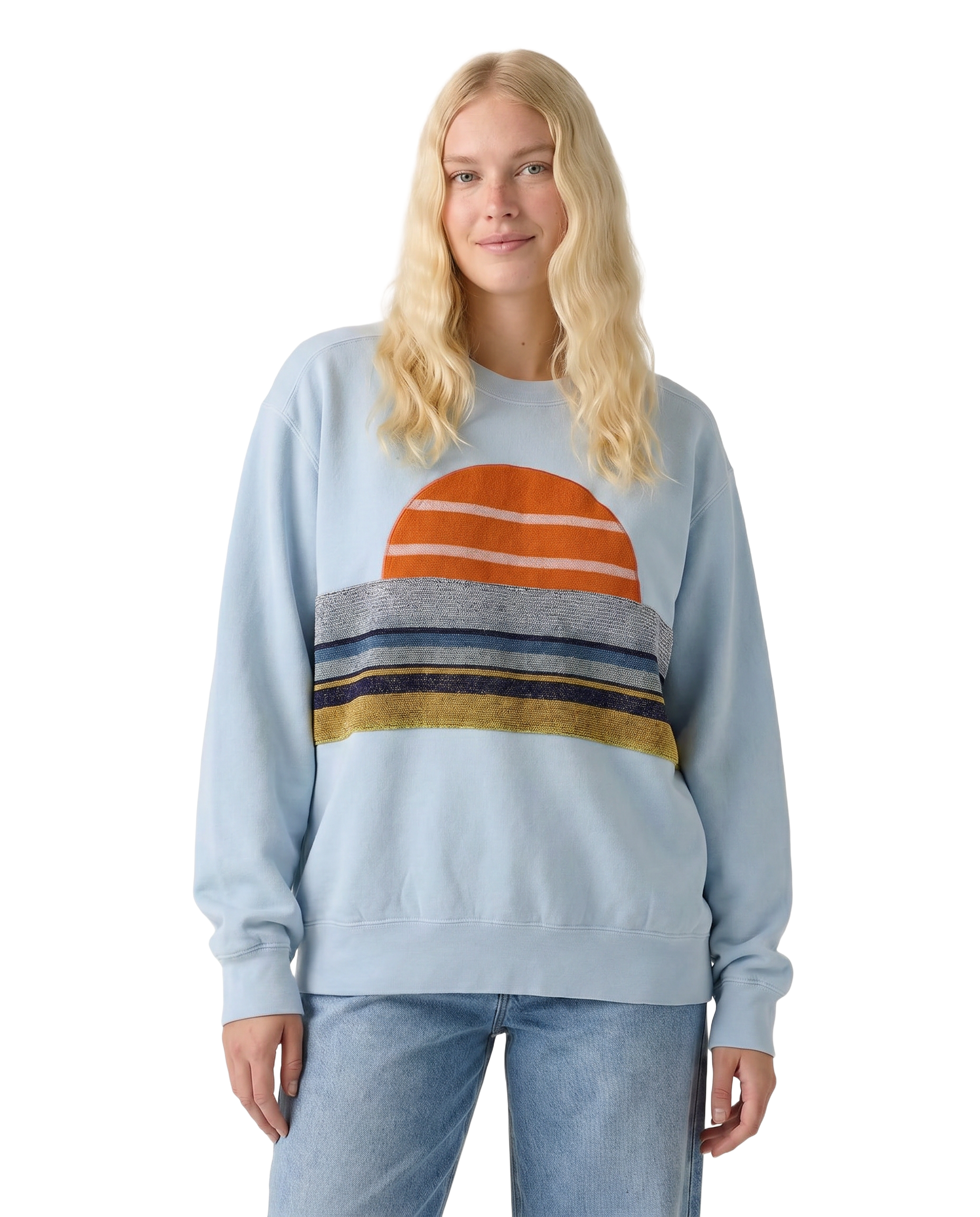 Medium Aqua Sunset Chaser "Surf Town" — one-of-a-kind upcycled vintage beach towel sweatshirt, handmade by Kspek