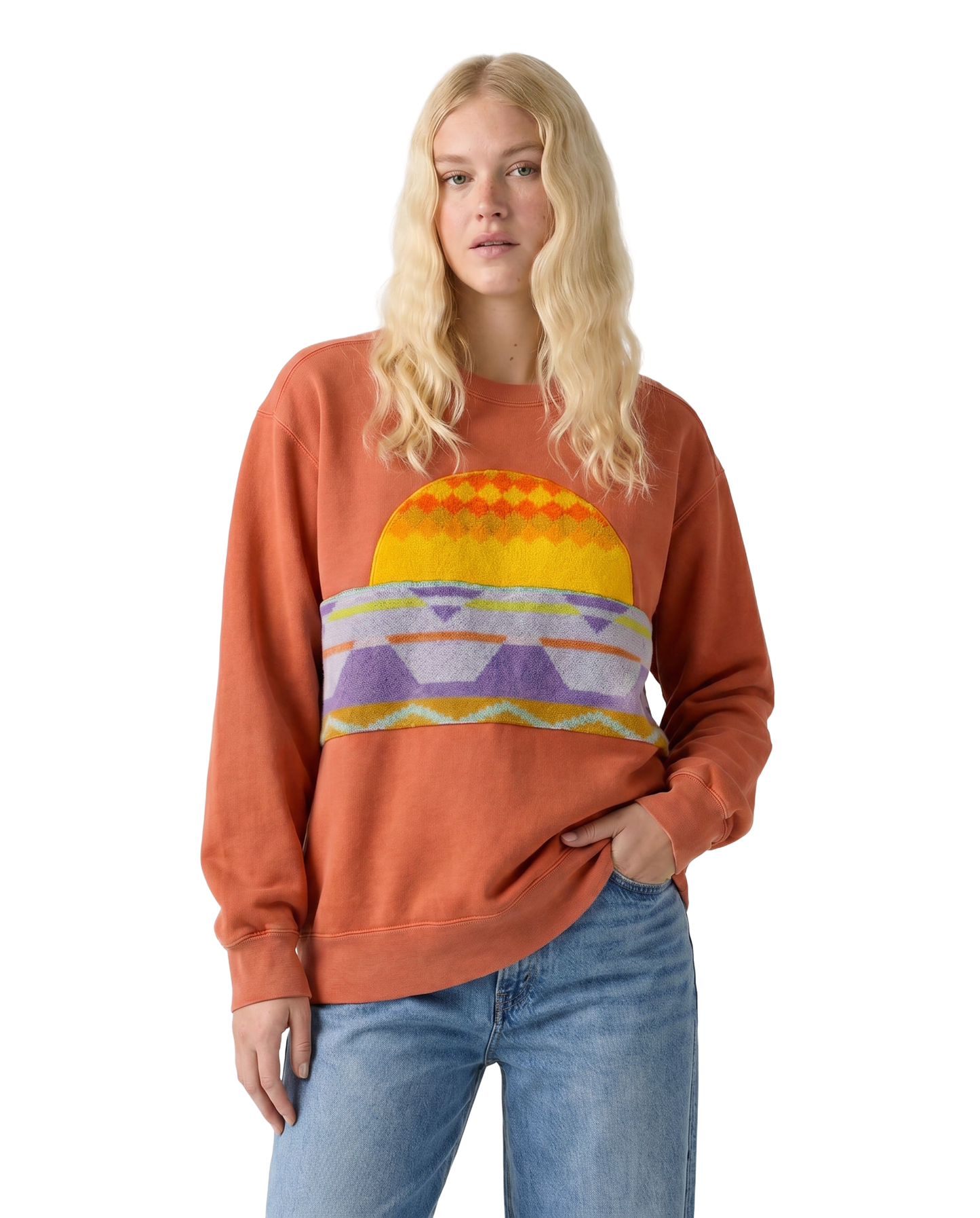 Medium Terracotta Sunset Chaser "Coastal Mosaic" — one-of-a-kind upcycled vintage beach towel sweatshirt, handmade by Kspek