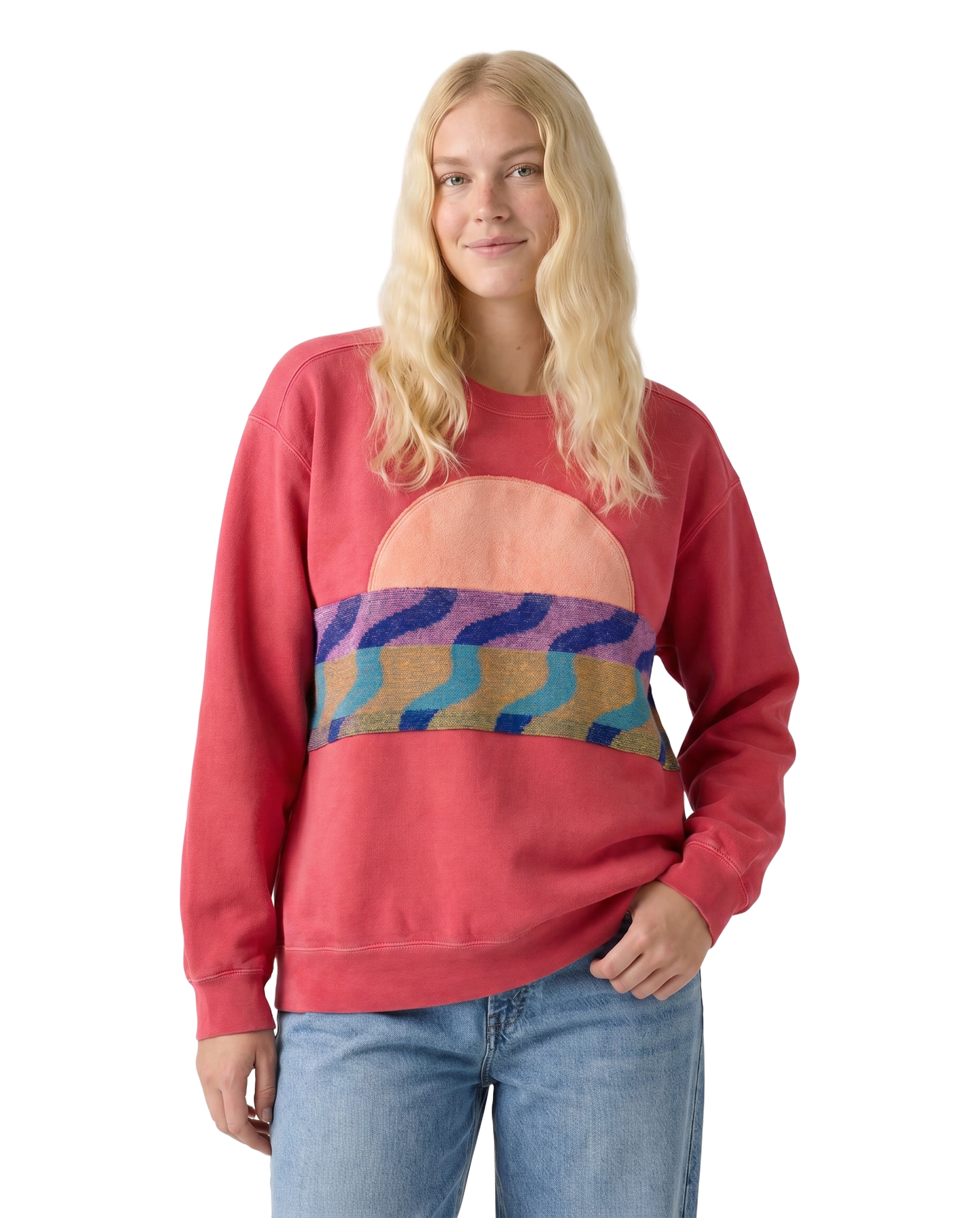 Medium Watermelon Sunset Chaser "Beach Bliss" — one-of-a-kind upcycled vintage beach towel sweatshirt, handmade by Kspek