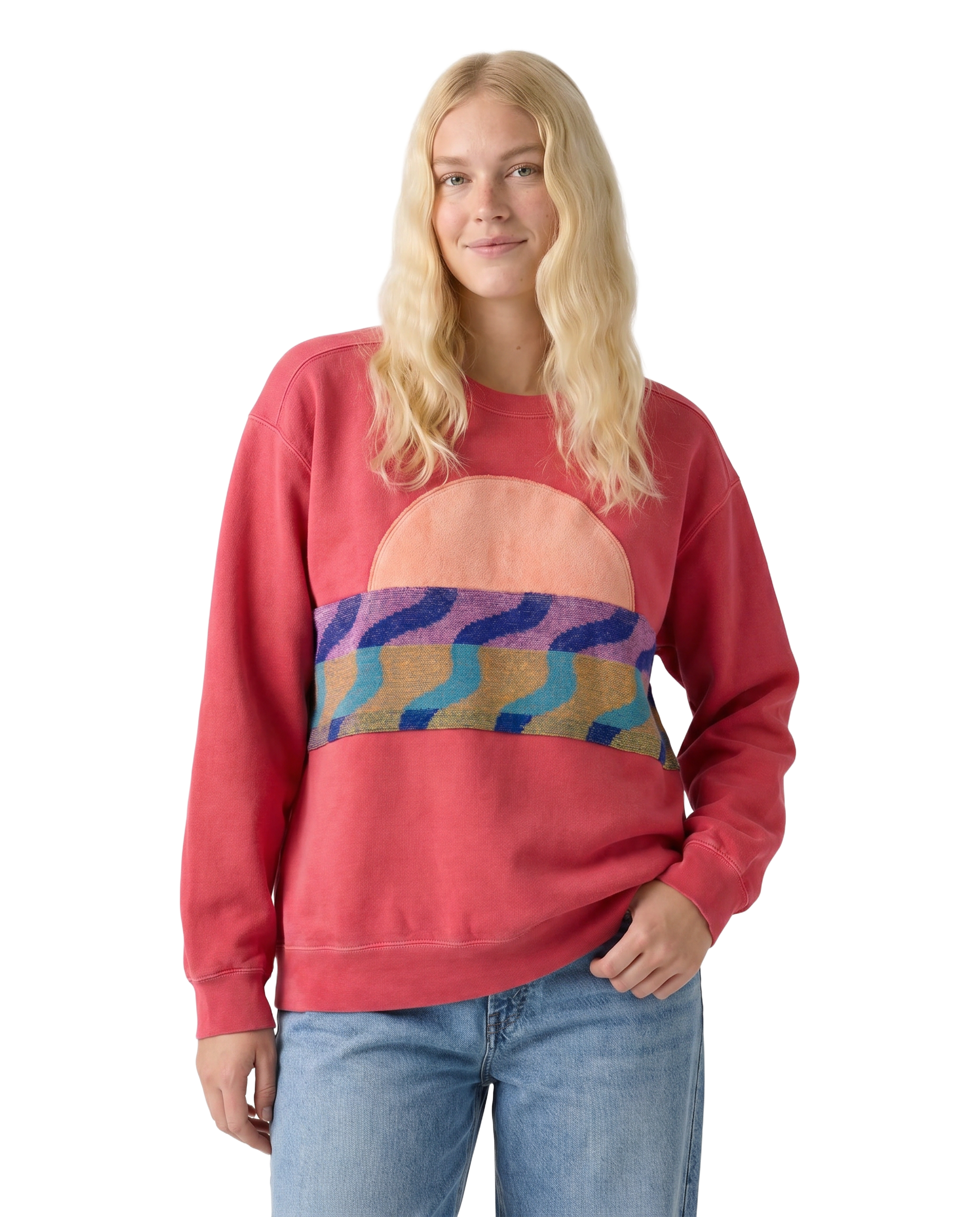 Medium Watermelon Sunset Chaser "Beach Bliss" — one-of-a-kind upcycled vintage beach towel sweatshirt, handmade by Kspek