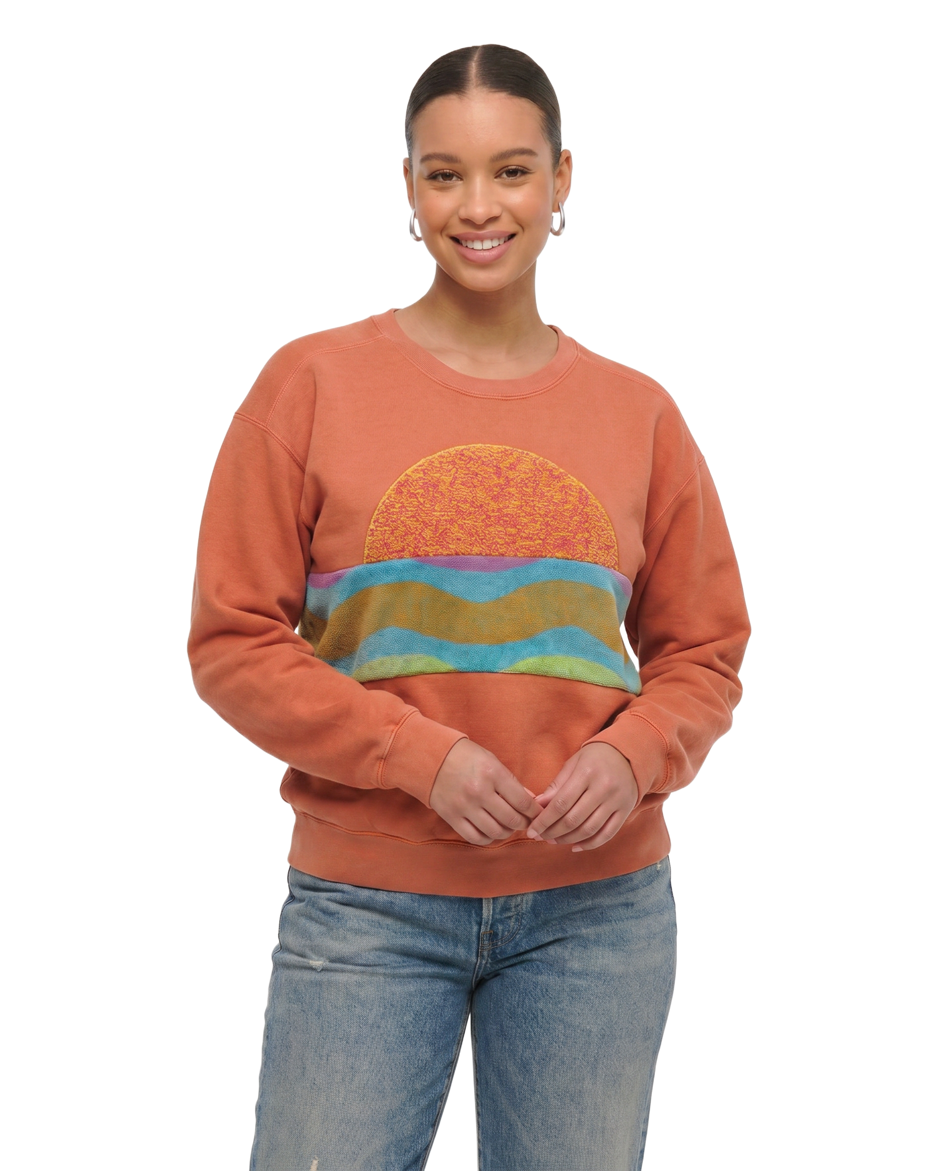 Large Terracotta Sunset Chaser "Wavy Daze" — one-of-a-kind upcycled vintage beach towel sweatshirt, handmade by Kspek