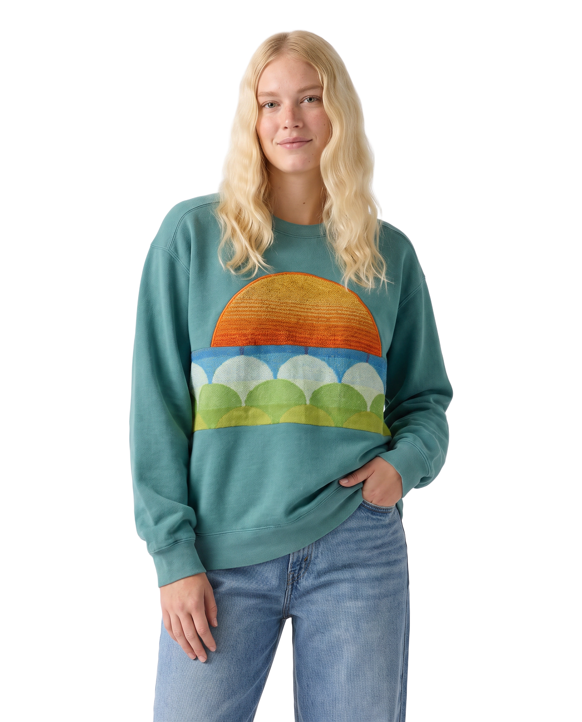 Medium Light Jade Sunset Chaser "Scalloped Waves" — one-of-a-kind upcycled vintage beach towel sweatshirt, handmade by Kspek