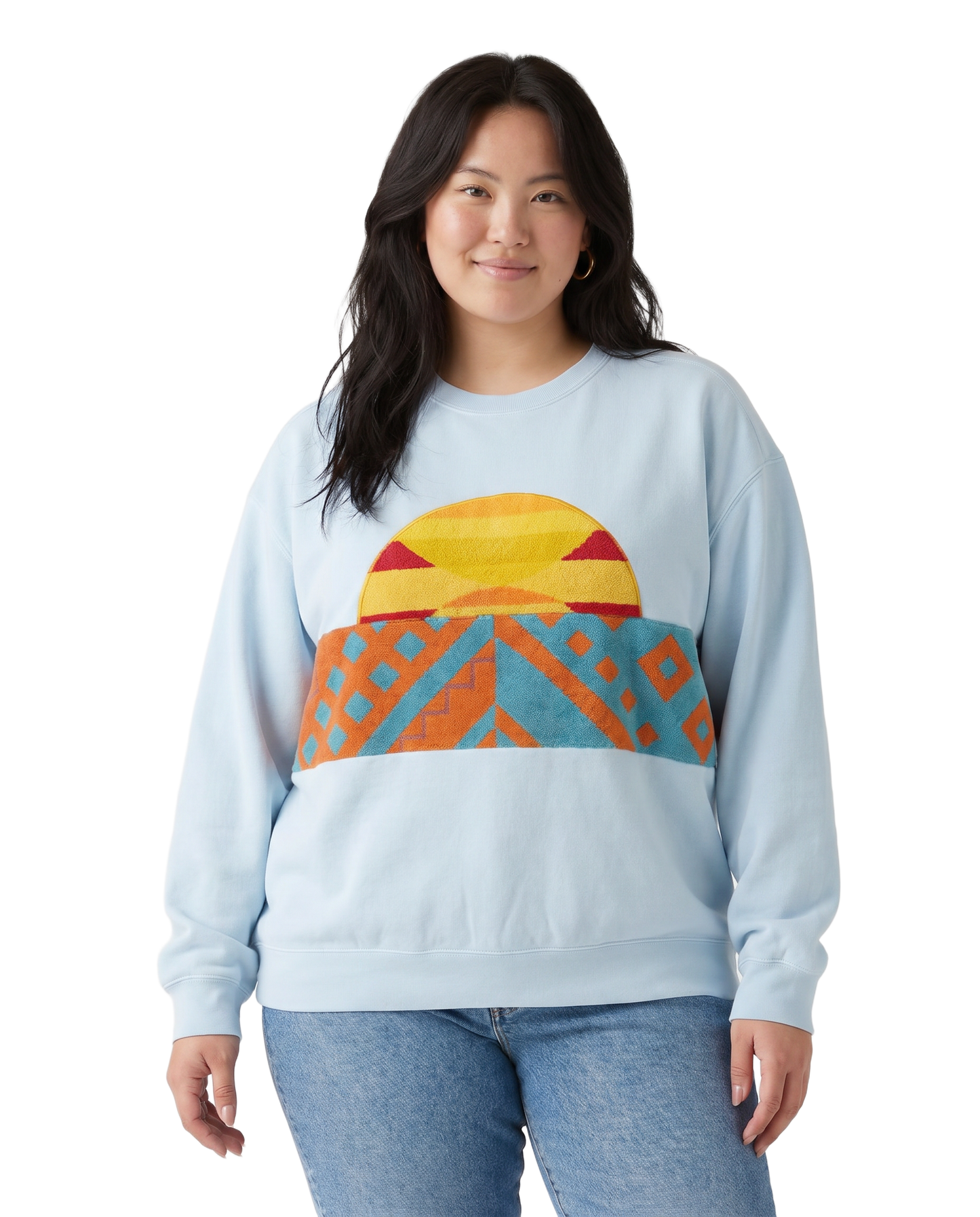 X-Large Aqua Sunset Chaser "Coastal Geometry" — one-of-a-kind upcycled vintage beach towel sweatshirt, handmade by Kspek