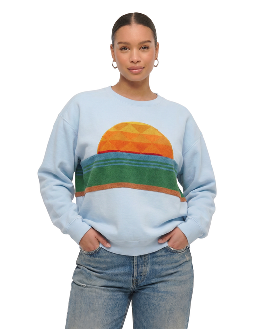 Large Aqua Sunset Chaser "Green Flash" — one-of-a-kind upcycled vintage beach towel sweatshirt, handmade by Kspek