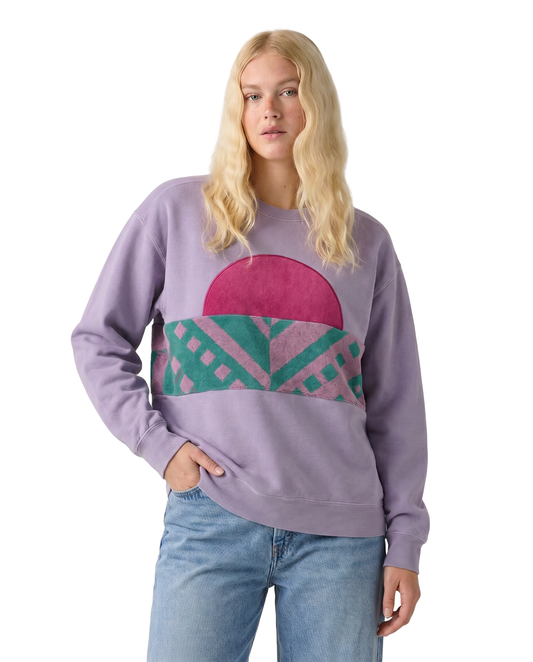Medium Lavender Sunset Chaser "Retro Tidescape" — one-of-a-kind upcycled vintage beach towel sweatshirt, handmade by Kspek