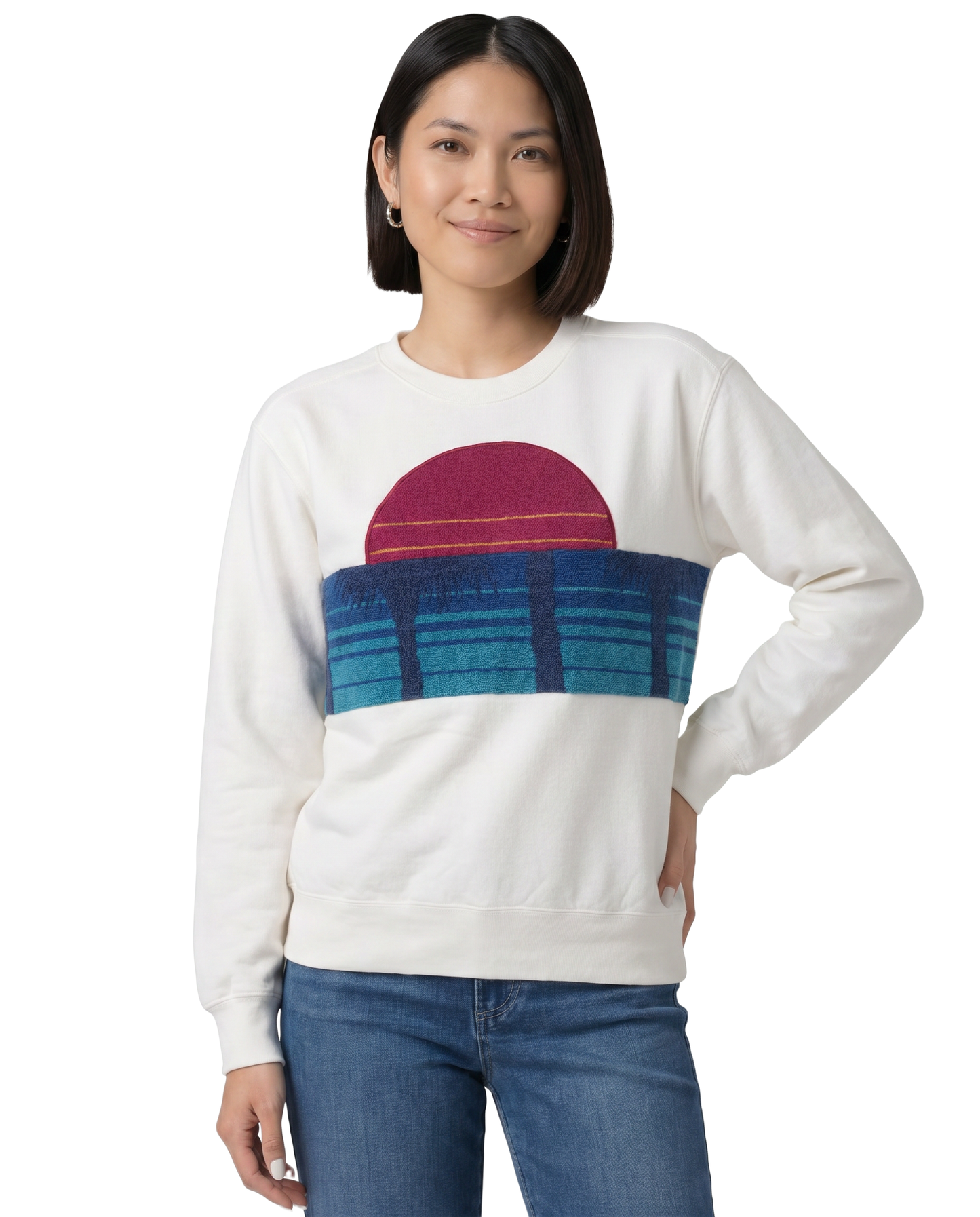 Small White Sunset Chaser "Coastal Dreaming" — one-of-a-kind upcycled vintage beach towel sweatshirt, handmade by Kspek