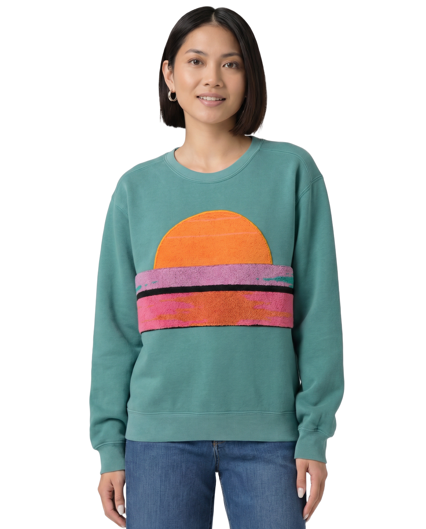 Small Light Jade Sunset Chaser "Waves & Whimsy" — one-of-a-kind upcycled vintage beach towel sweatshirt, handmade by Kspek