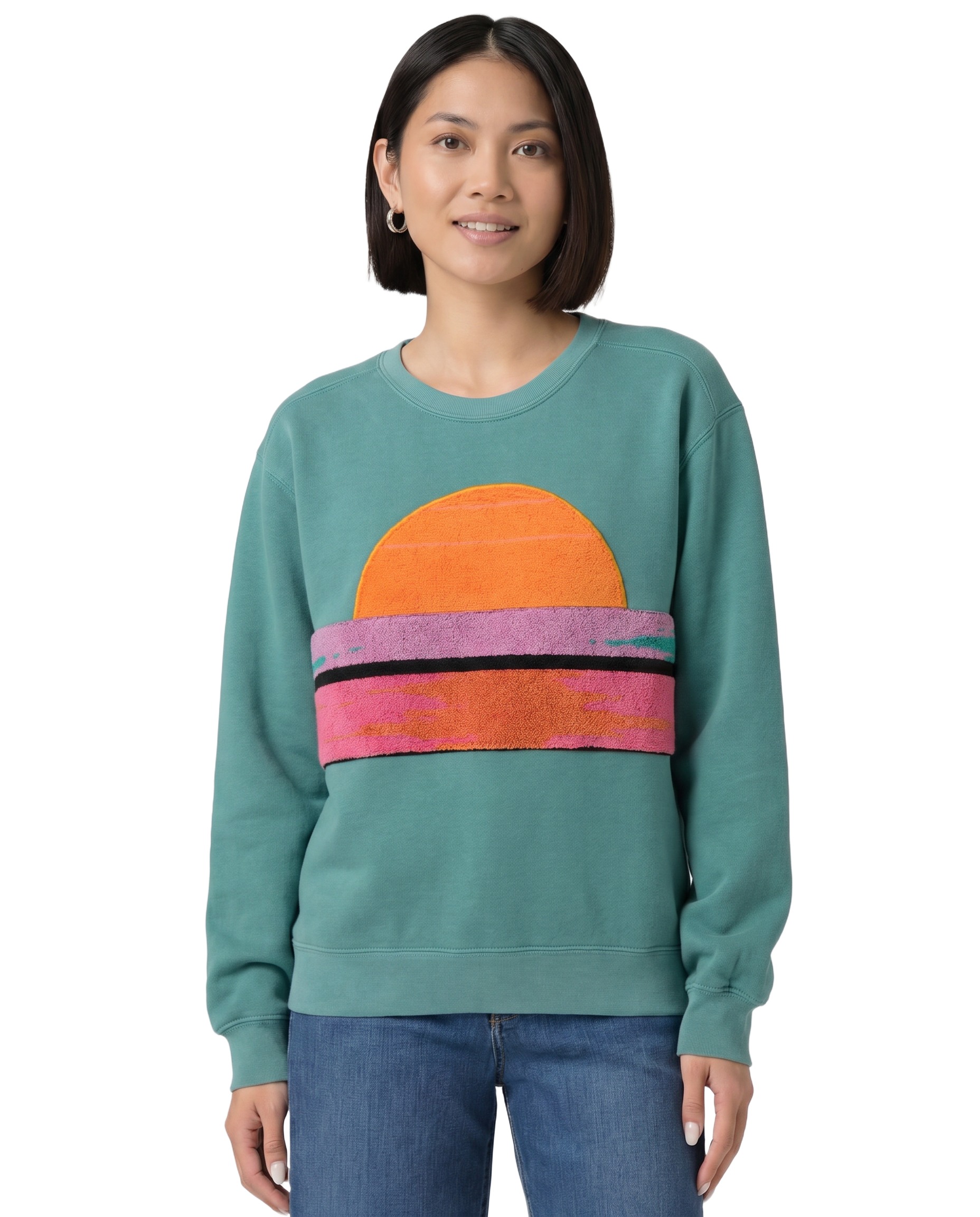 Small Light Jade Sunset Chaser "Waves & Whimsy" — one-of-a-kind upcycled vintage beach towel sweatshirt, handmade by Kspek