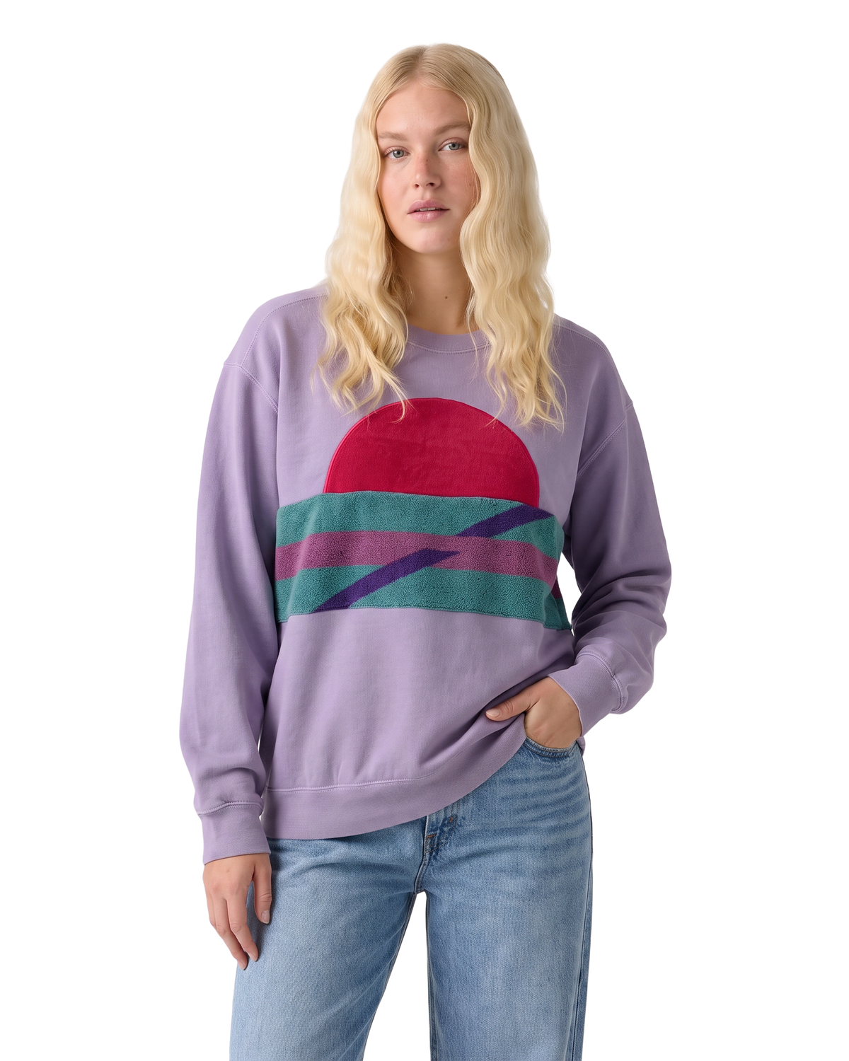 Medium Lavender Sunset Chaser "Crimson Horizon Bands" — one-of-a-kind upcycled vintage beach towel sweatshirt, handmade by Kspek, view 2
