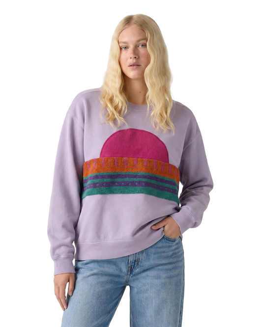Medium Lavender Sunset Chaser "Retro Shoreline" — one-of-a-kind upcycled vintage beach towel sweatshirt, handmade by Kspek
