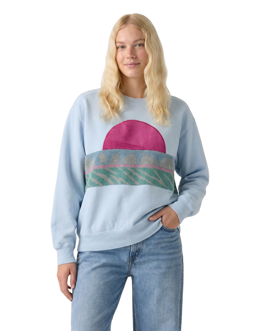 Medium Aqua Sunset Chaser "Coastal Bliss" — one-of-a-kind upcycled vintage beach towel sweatshirt, handmade by Kspek