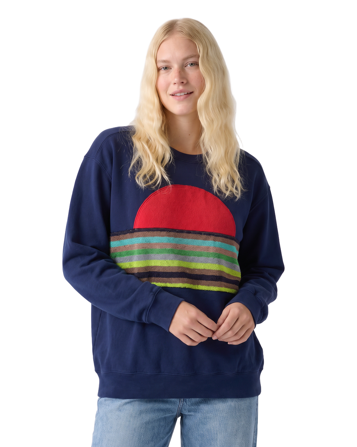 Medium Navy Sunset Chaser "Striped Sun Arc" — one-of-a-kind upcycled vintage beach towel sweatshirt, handmade by Kspek, view 2