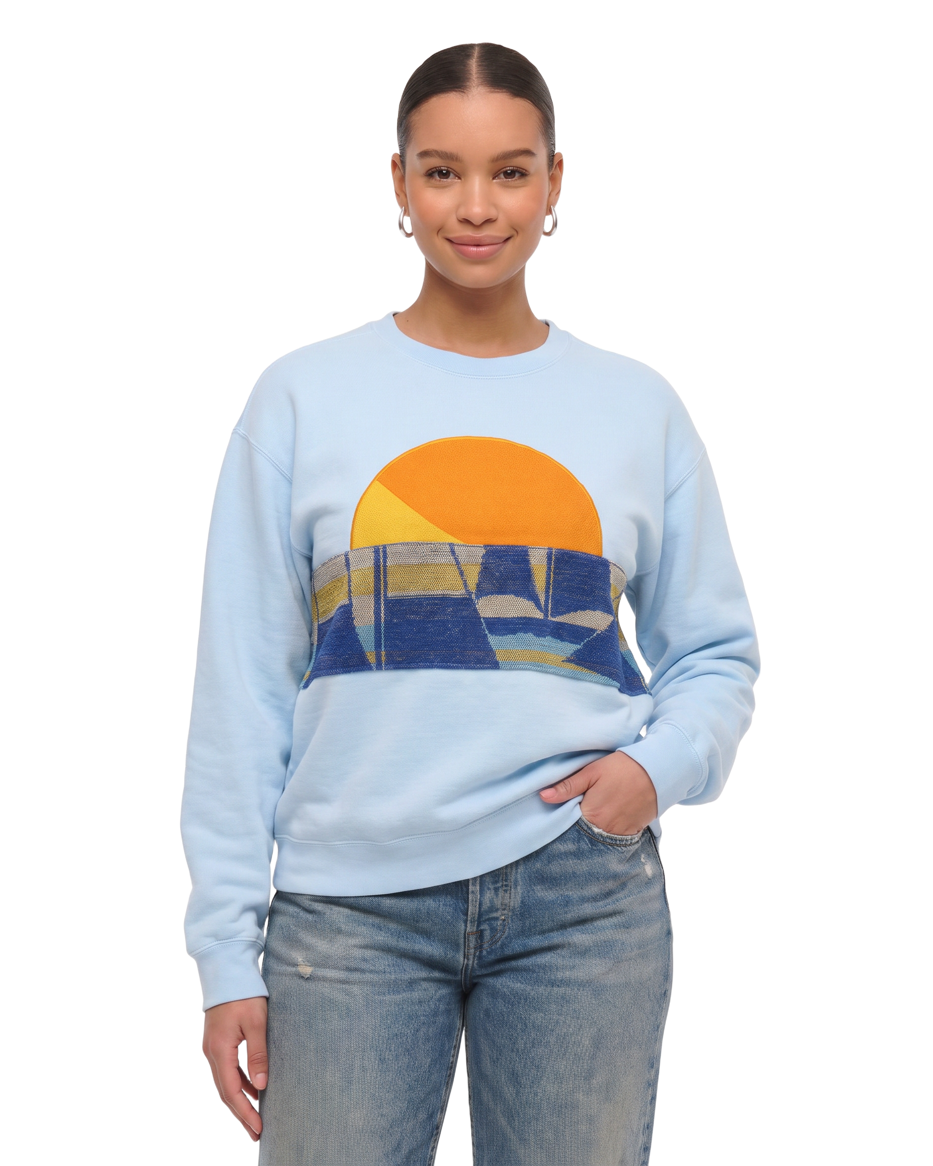 Large Aqua Sunset Chaser "Sailboat Sundown" — one-of-a-kind upcycled vintage beach towel sweatshirt, handmade by Kspek, view 2