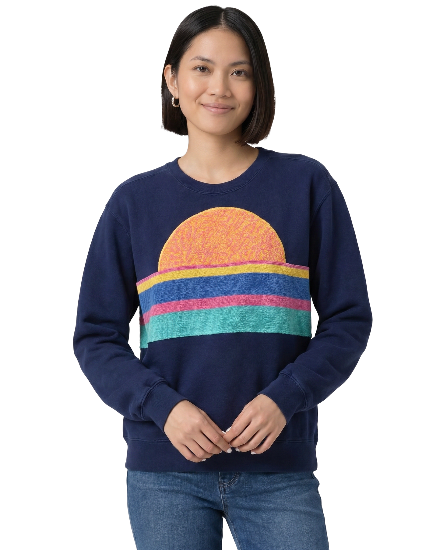 Small Navy Sunset Chaser "Retro Shoreline" — one-of-a-kind upcycled vintage beach towel sweatshirt, handmade by Kspek