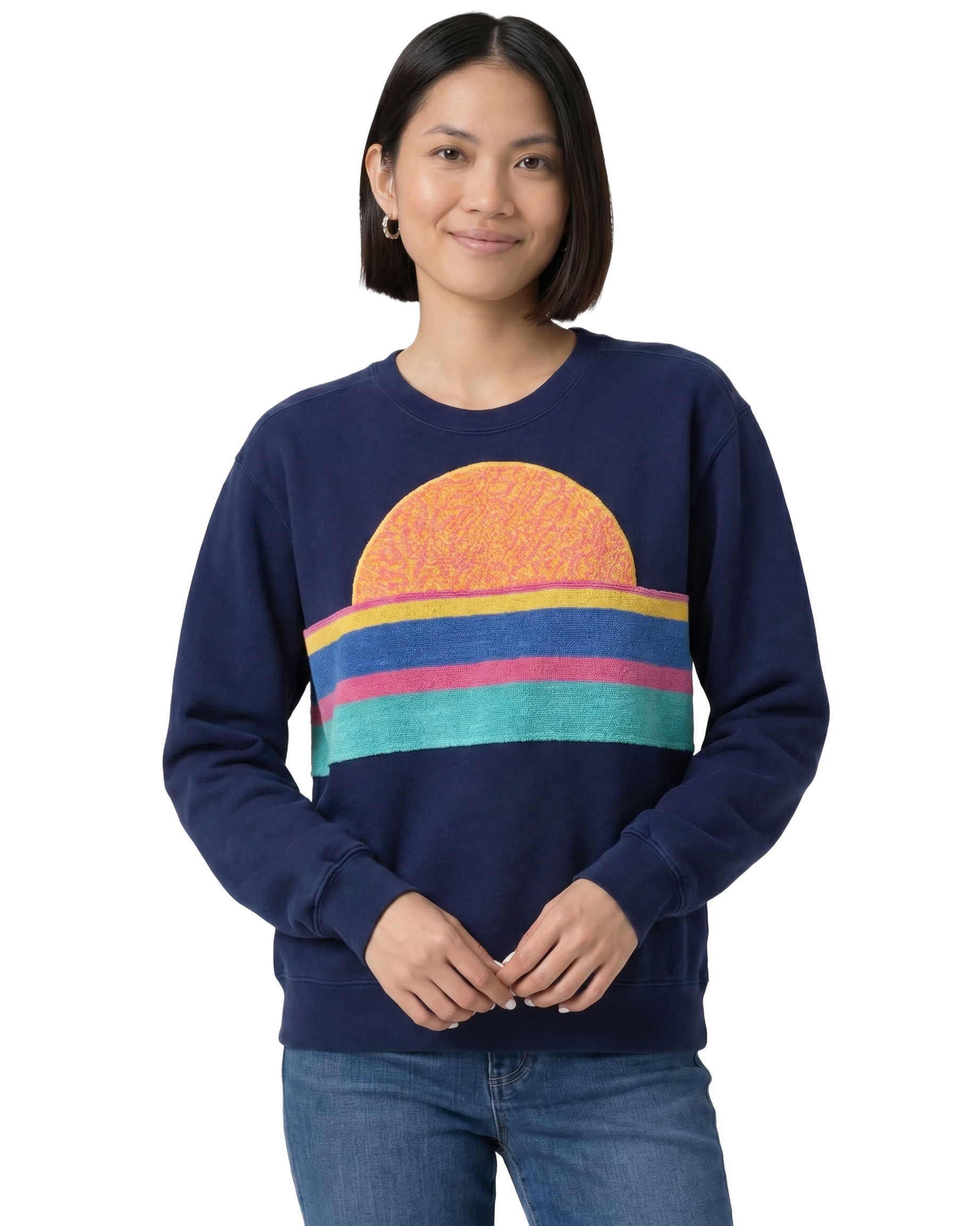 Small Navy Sunset Chaser "Retro Shoreline" — one-of-a-kind upcycled vintage beach towel sweatshirt, handmade by Kspek