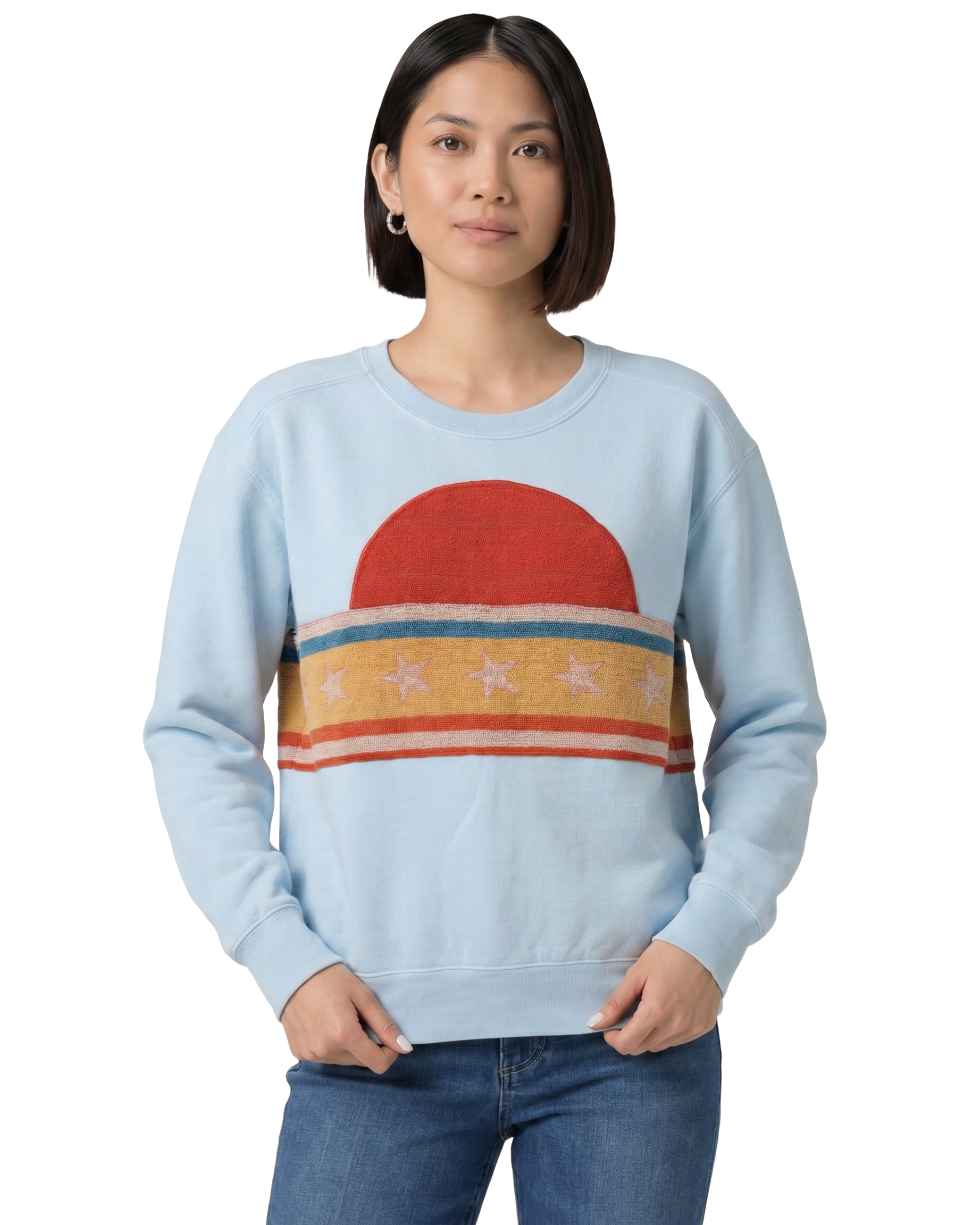 Small Aqua Sunset Chaser "Crescent Coastline" — one-of-a-kind upcycled vintage beach towel sweatshirt, handmade by Kspek