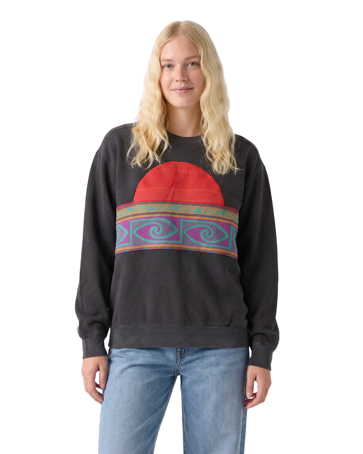 Medium Pepper Sunset Chaser "Spiral Sunset Bands" — one-of-a-kind upcycled vintage beach towel sweatshirt, handmade by Kspek, view 2