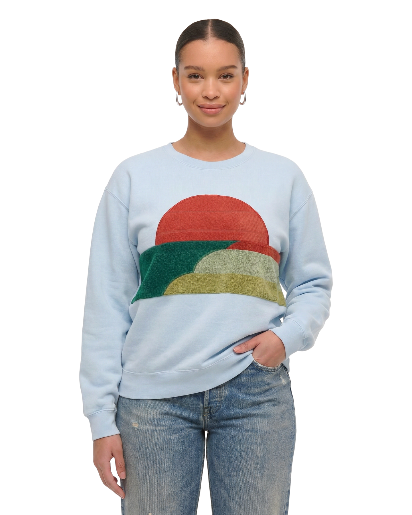 Large Aqua Sunset Chaser "Beach Horizon" — one-of-a-kind upcycled vintage beach towel sweatshirt, handmade by Kspek