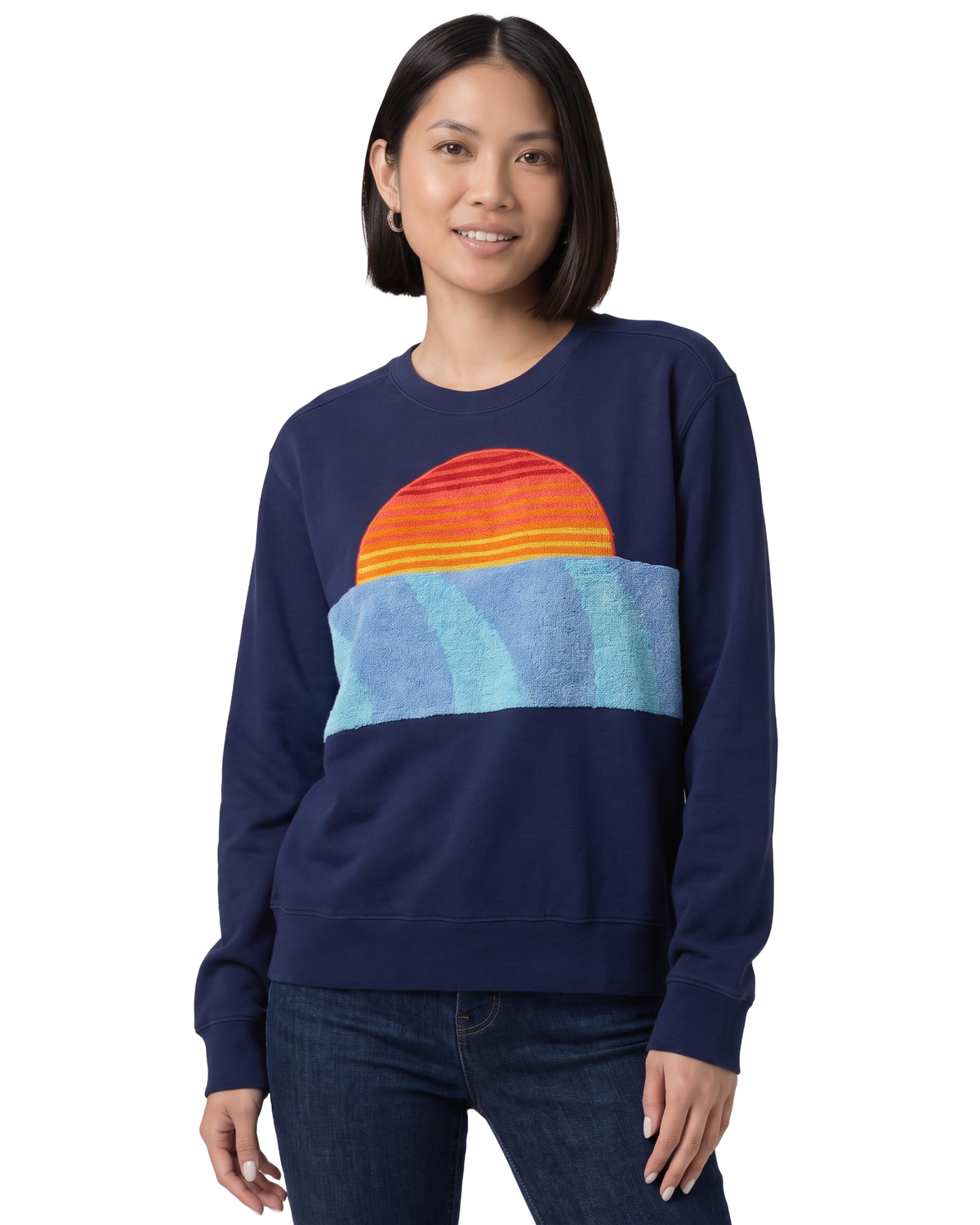 Small Navy Sunset Chaser "Radiant Ocean Rise" — one-of-a-kind upcycled vintage beach towel sweatshirt, handmade by Kspek, view 2