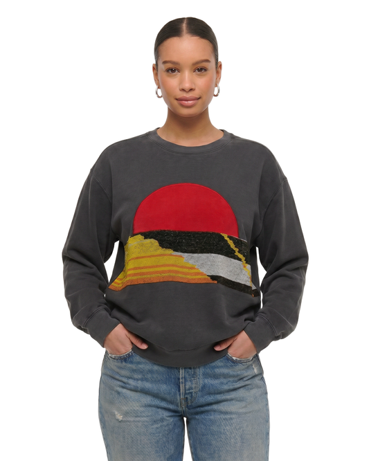 Large Pepper Sunset Chaser "Radiant Horizon" — one-of-a-kind upcycled vintage beach towel sweatshirt, handmade by Kspek