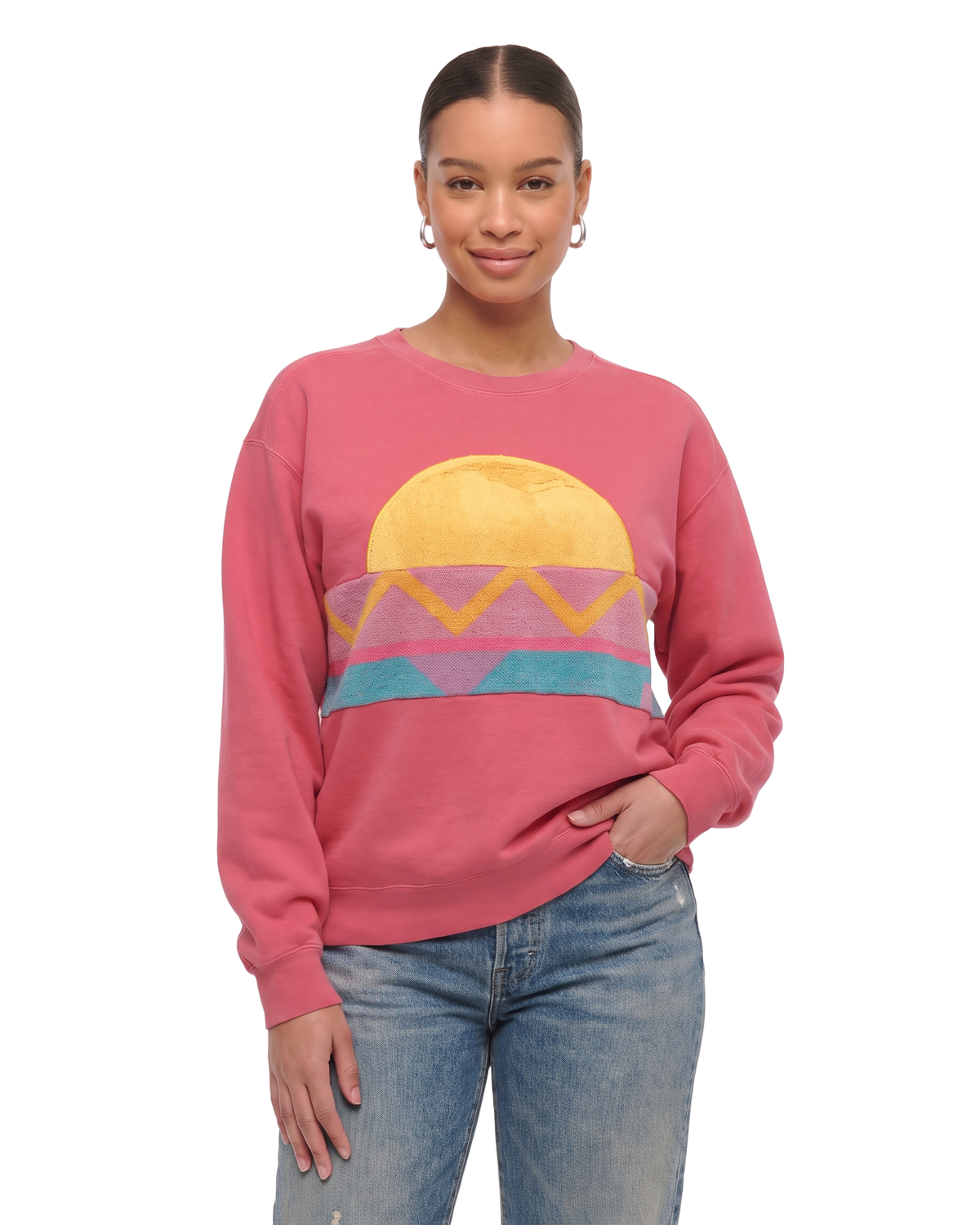 Large Watermelon Sunset Chaser "Zigzag Solar Arc" — one-of-a-kind upcycled vintage beach towel sweatshirt, handmade by Kspek, view 2