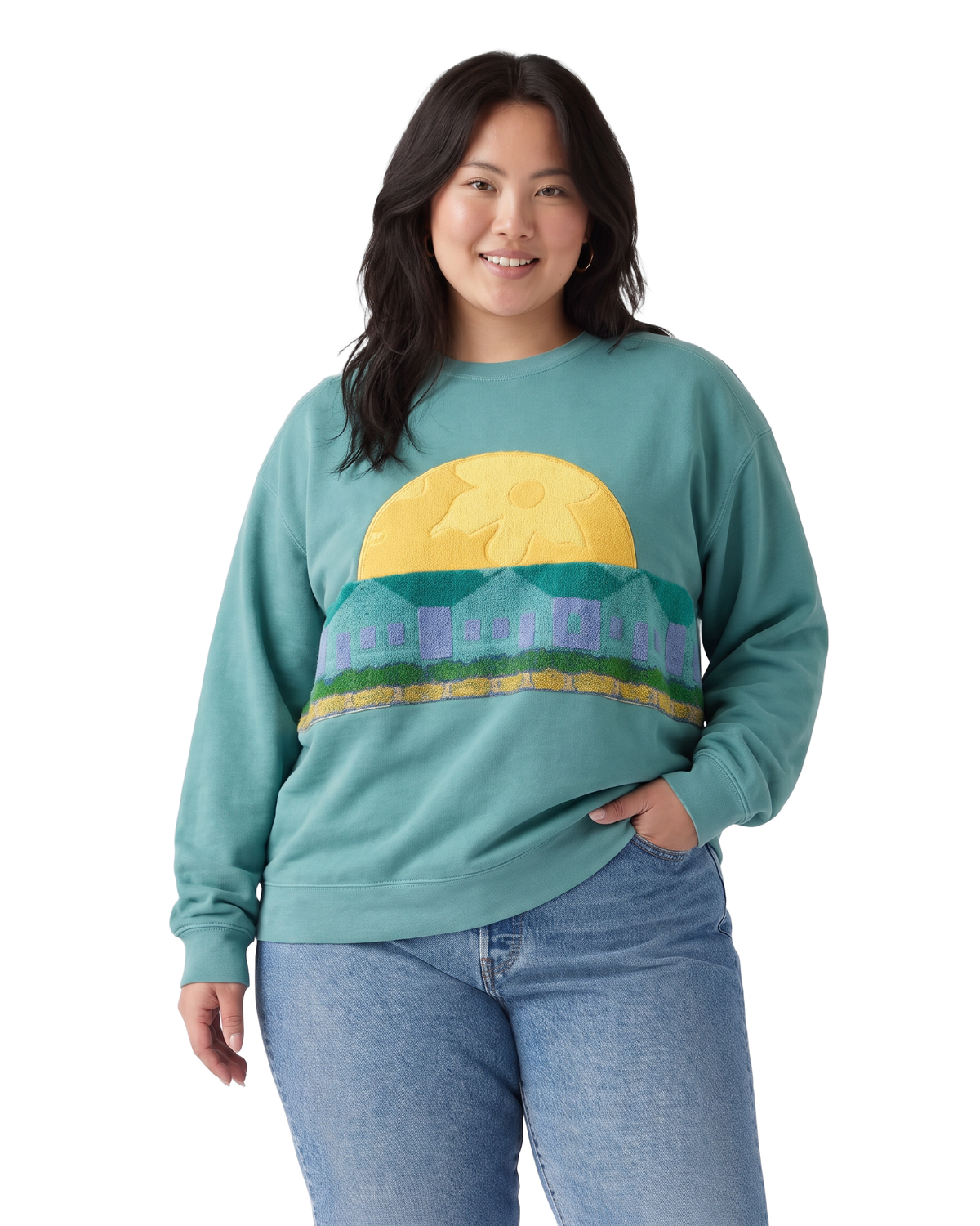 X-Large Light Jade Sunset Chaser "Village Sundown" — one-of-a-kind upcycled vintage beach towel sweatshirt, handmade by Kspek, view 2